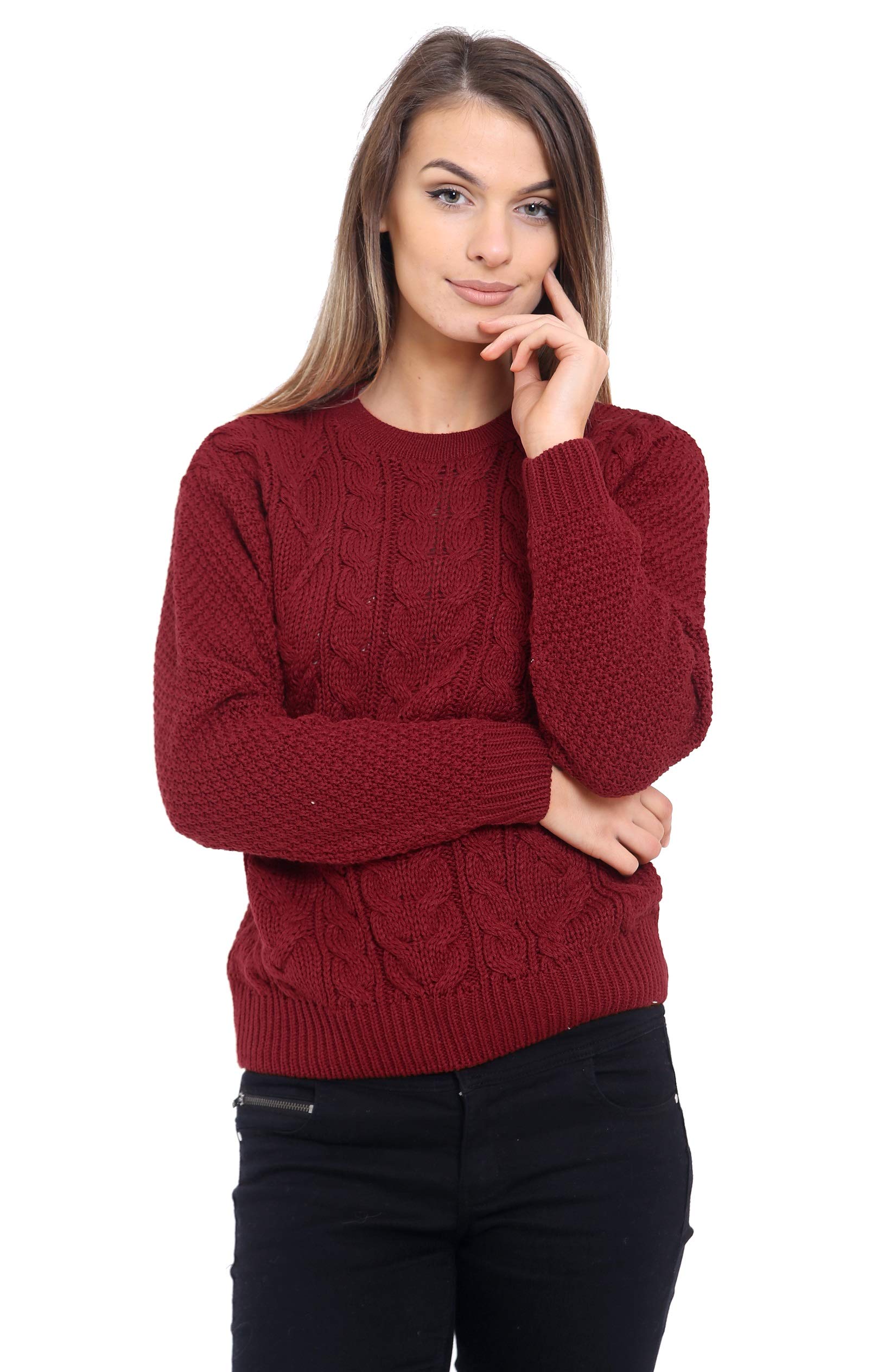 Generation Fashion New Ladies Cable Knit Crew Round Neck Long Sleeve Women Knitted Jumper Sweater [Wine,SM]