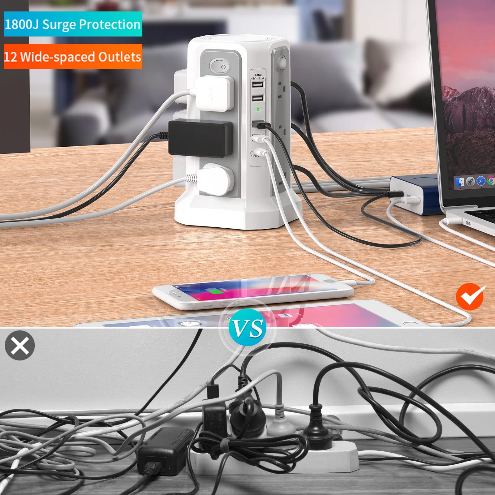 Multiprise multiprise 2 PS (4A1C avec port USB C PD18 W, 3 m) | Rallonge multiprise avec 5 ports de charge USB, tour d'alimentation pour maison, bureau, dortoir, gris blanc