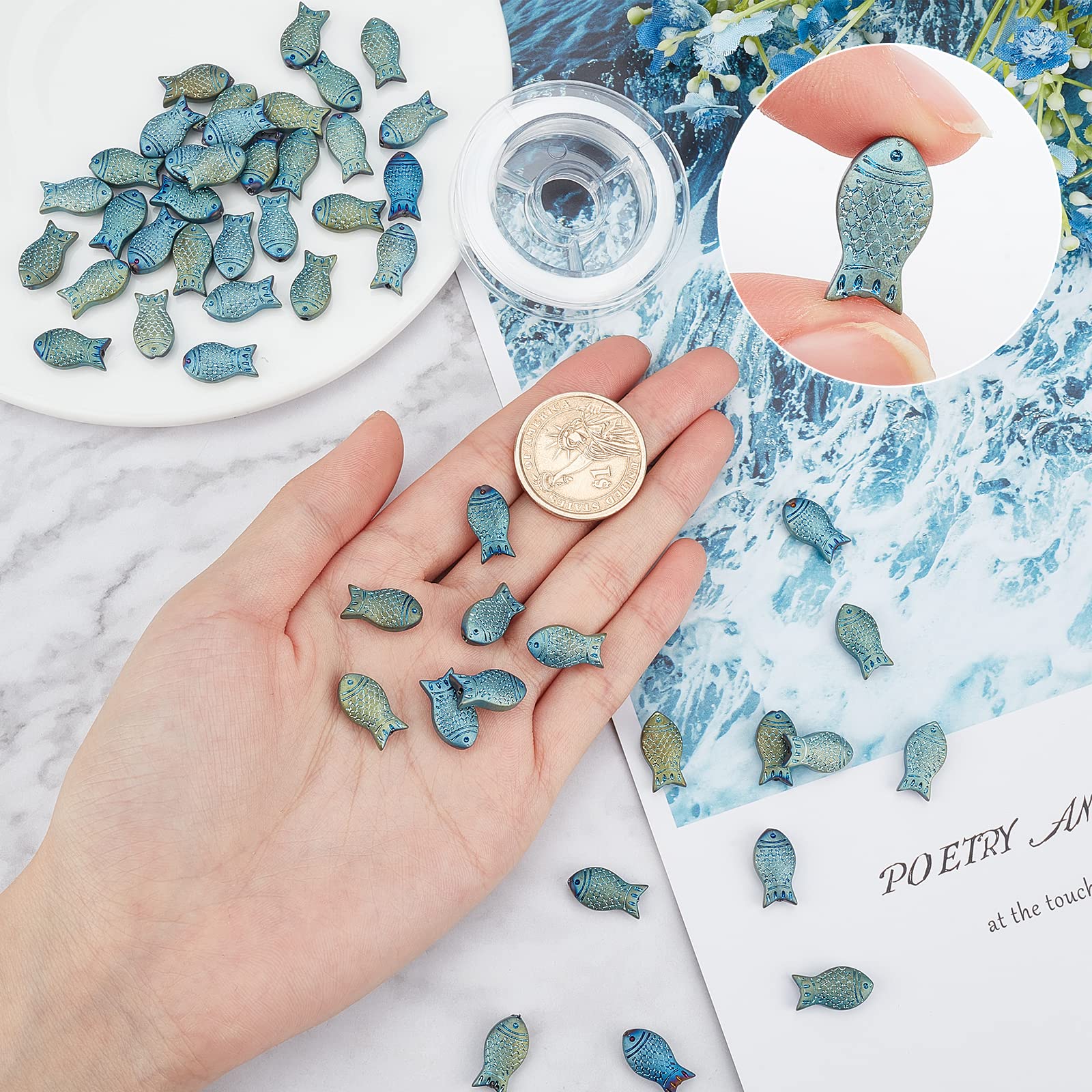 SUNNYCLUE 1 Box 50Pcs Fish Bead Blue Glass Sea Ocean Animal Fishes Beads Carved Full Plated Frosted Electroplate Charms Elastic Thread for Jewelry Making DIY Bracelets Crafts Supplies - Image 3