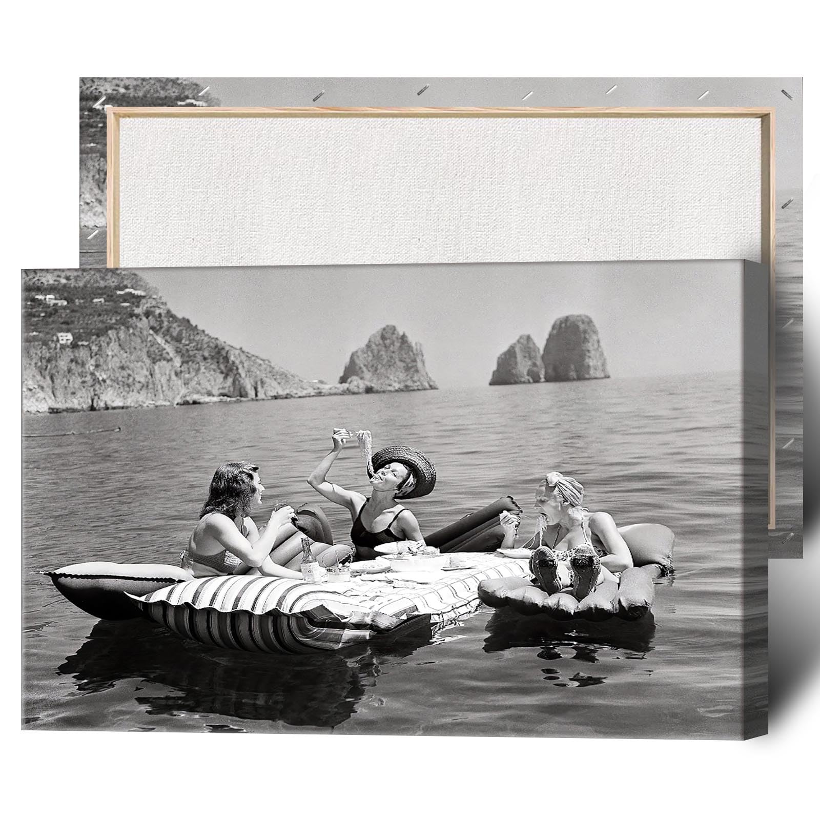 Dcvjiy Eating Spaghetti On The Water Vintage Poster Trendy Italian Capri Island Canvas Wall Art Funky Champagne Bar Cart Prints Painting For Living Room And Bedroom Party Wall Decor 24x36in Wframed