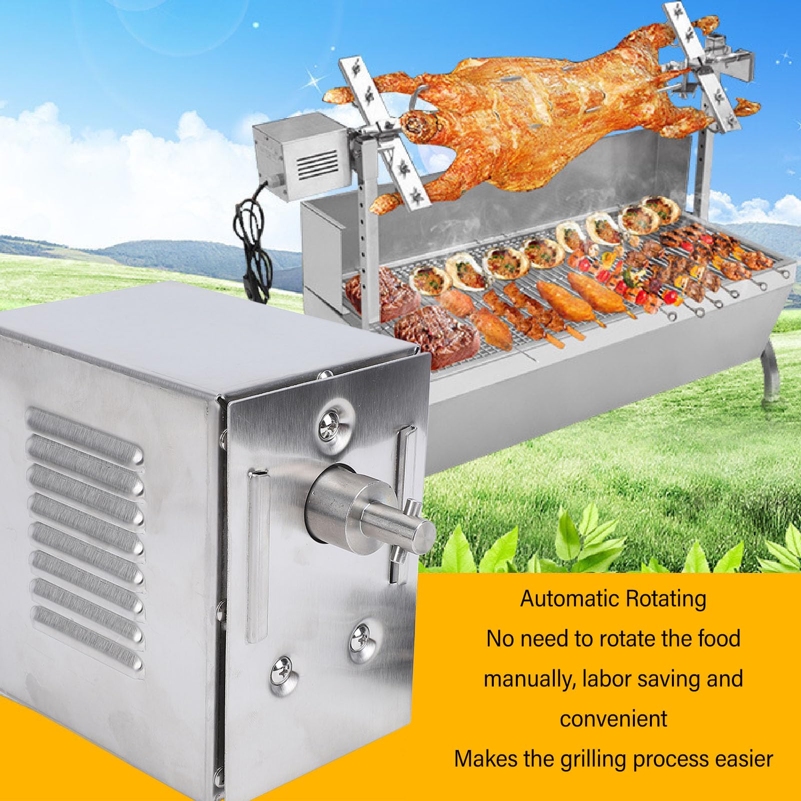 Motore per Girarrosto, Motore per Grill Elettrico da 45 W con Torsione da | Costruzione in Acciaio Inossidabile, velocità 2-3 Giri/min, Uso Esterno per Agnello Intero o Maialino da Latte, Rotazione