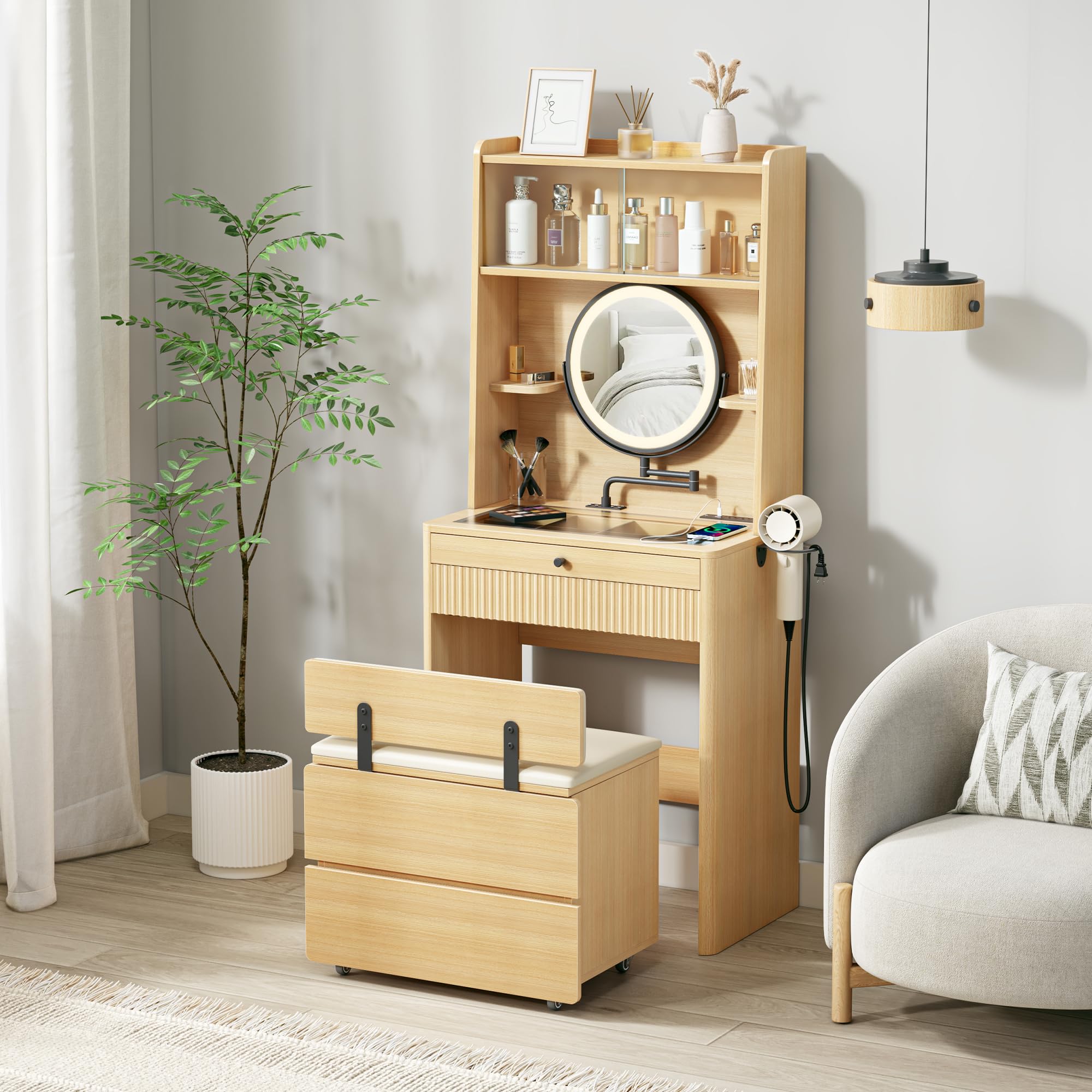 ironck vanity desk with adjustable makeup mirror and led lights modern glass top with storage drawers amp shelves hidden stool storage dressing table set wcharging station for bedroom oak