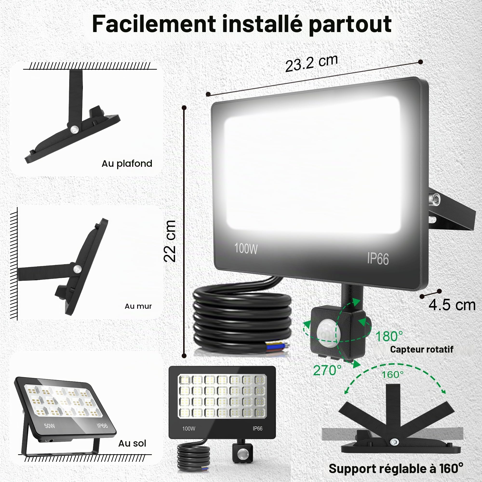 Projecteur Led Extérieur Detecteur de Mouvement, 100W 10000LM IP66 Etanche Éclairage Exterieur, 6500K Lampes de SéCurité D'ExtéRieur Avec dé Tecteur de Mouvement pour Garage, Cour, Jardin