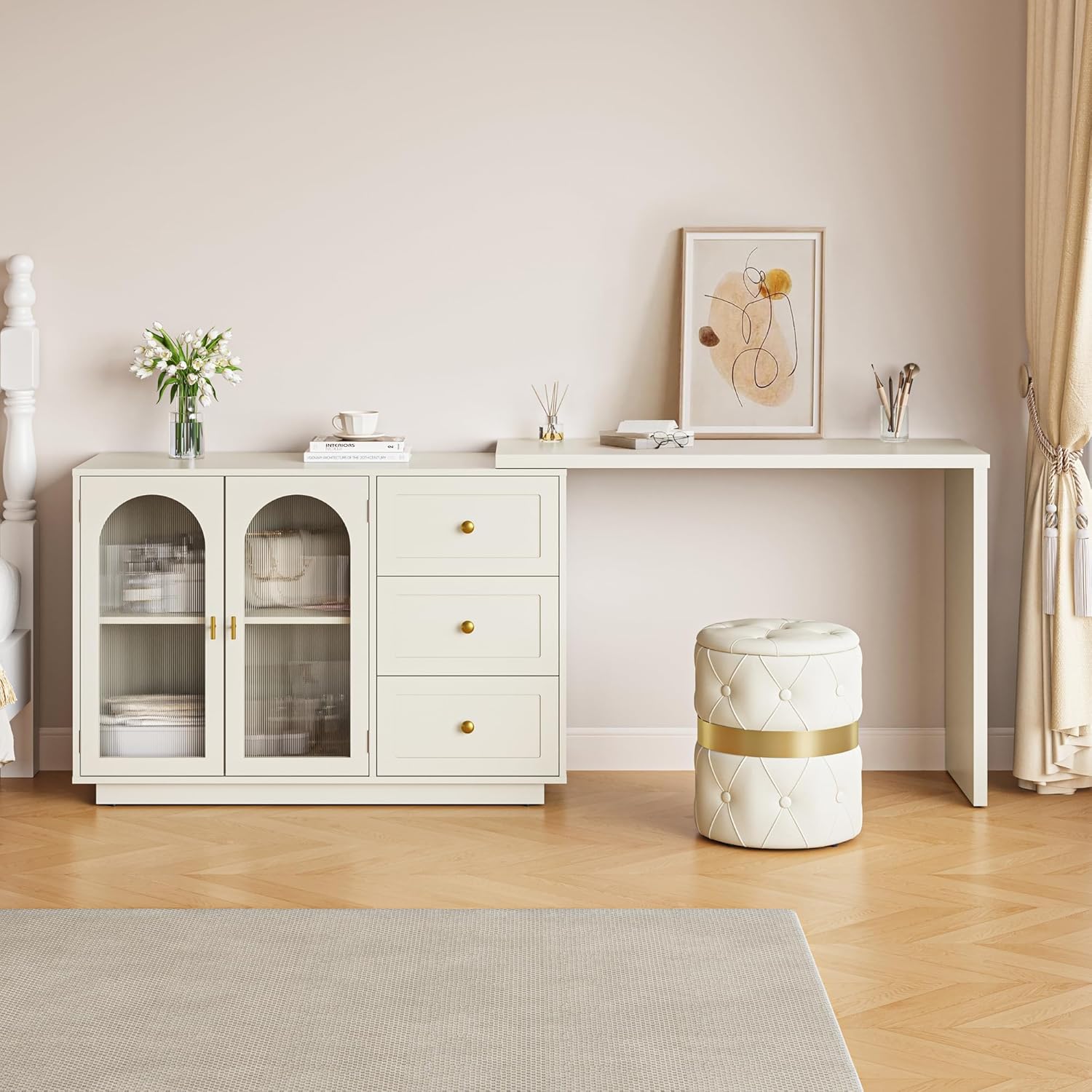 HEYNEMO Makeup Vanity Desk, Extendable Corner Vanity Makeup Table with 3 Drawers & 2 Door, Modern Dressing Table for Bedroom, Vanities for Women/Girls Bedroom (without Mirror)