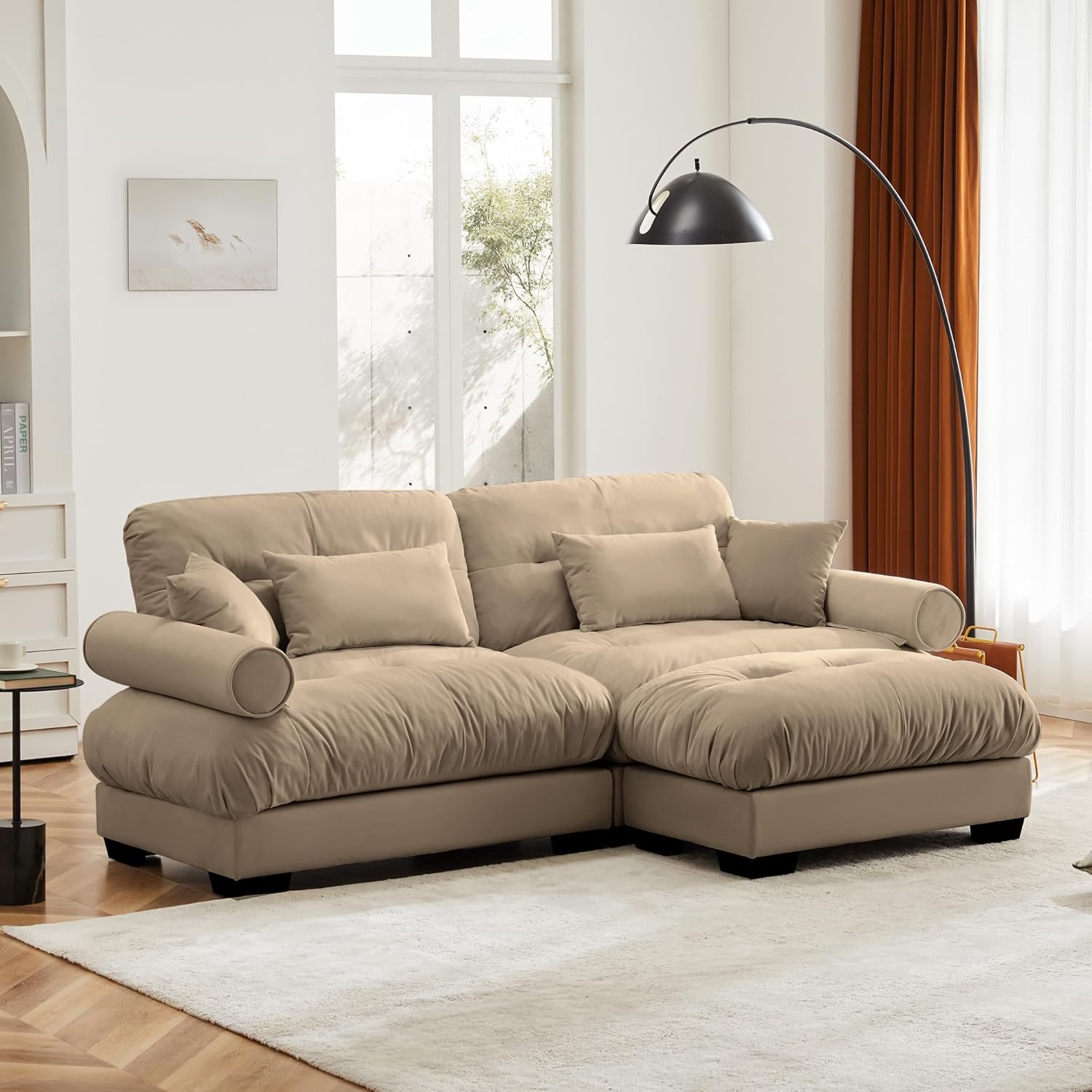 Modular Sectional Sofa L Shaped Couch, 2 Seater Recliner Sofa Sectional Couches for Living Room, Oversized Cloud Couch for Bedroom, Deep Seat Sofas Comfy Velvet Loveseat with 4 Pillows, Camel