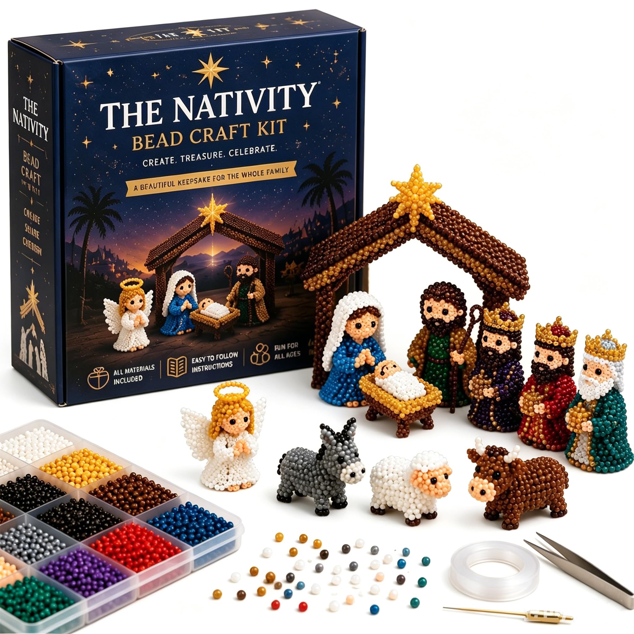 ​3D Beaded Animals, Bead Embroidery Kits, Crafts for Adults, The Nativity Bead Craft Kit, Creative ABS Bead Set with Instructions, Handmade Art Gift for Teens Beginners