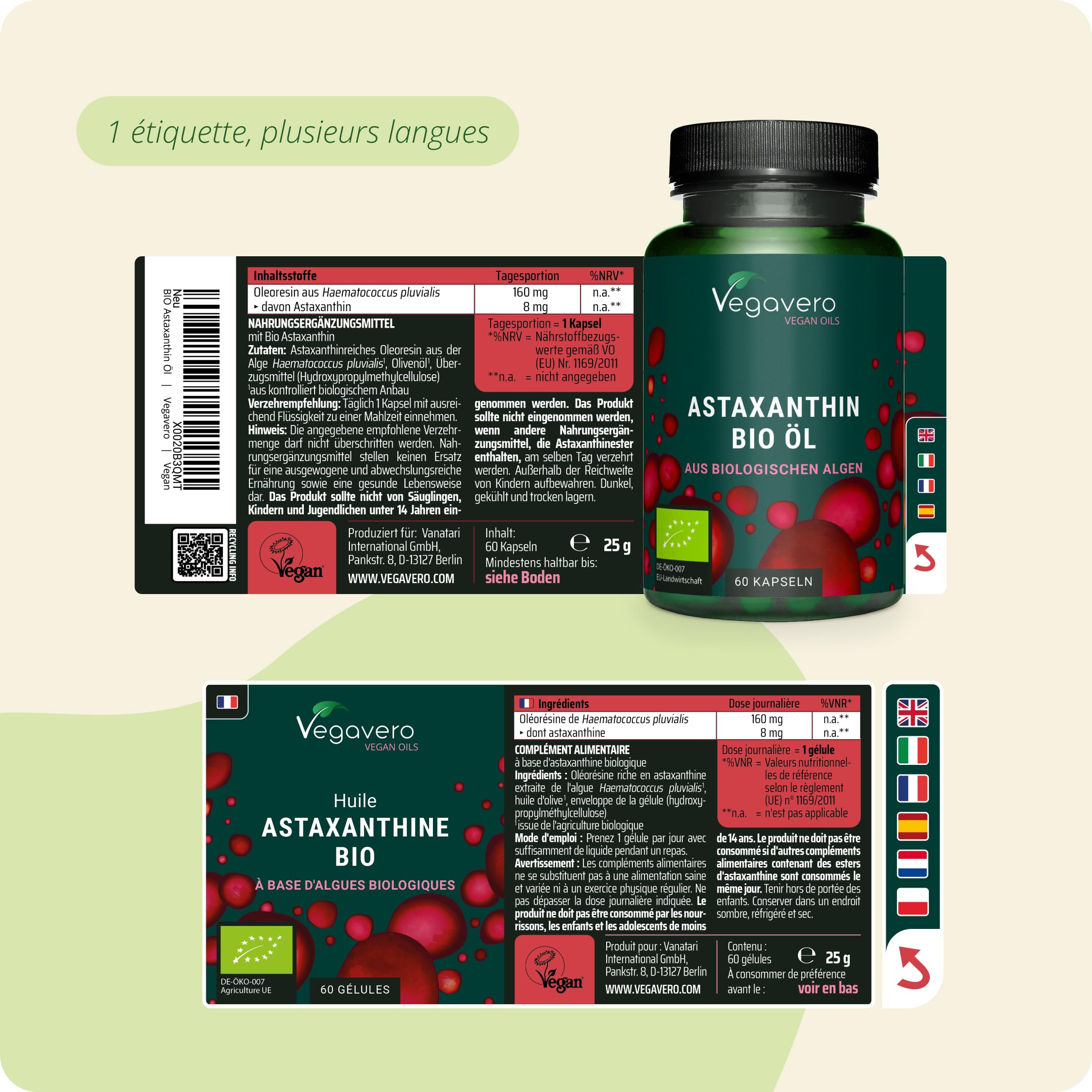 Astaxanthine BIO | Issue de 160 mg d'Haematococcus Biologiques | Antioxydant 100% Naturel | Biodisponibilité Elevée | Vegan & Sans Additifs | Vegavero®