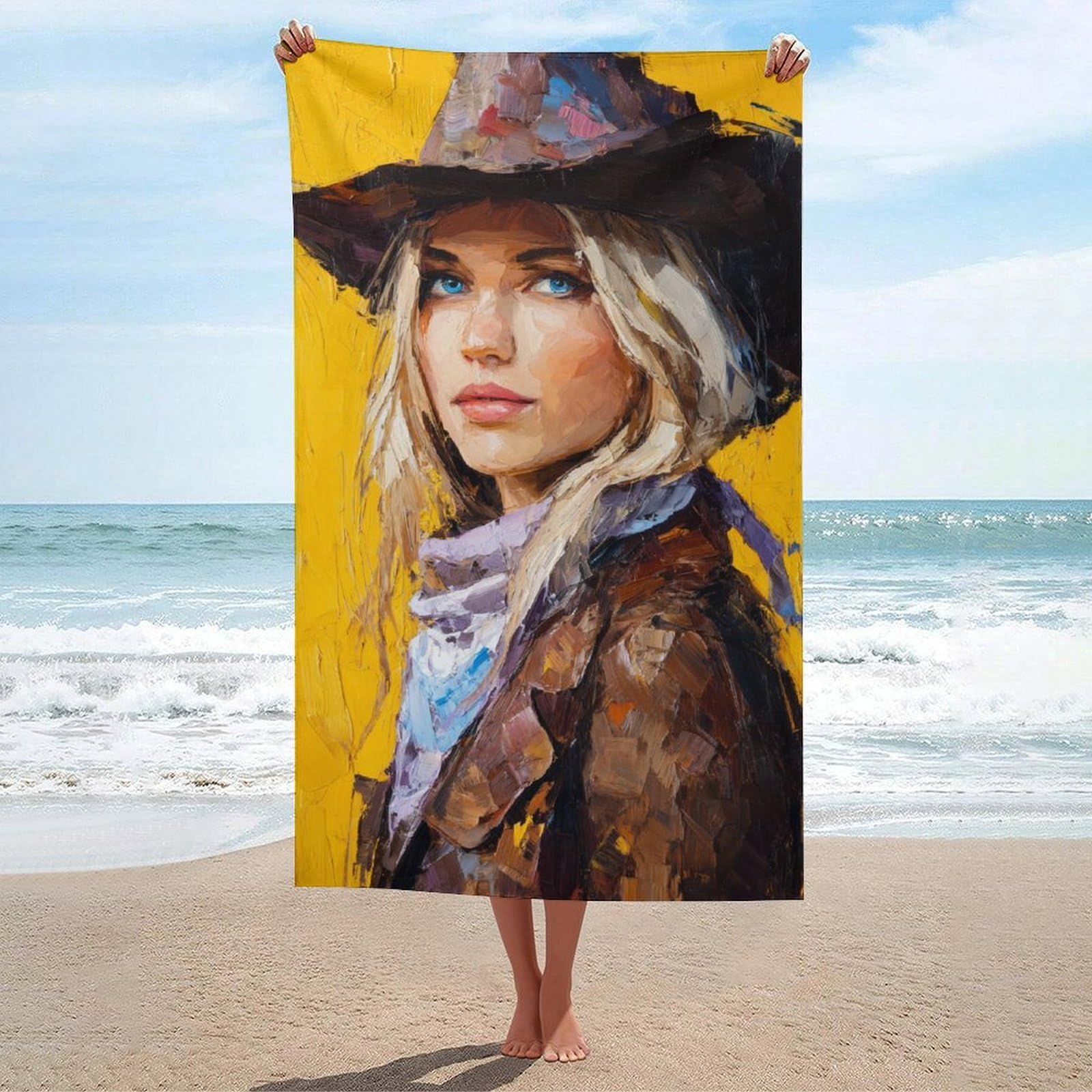 asbwuo Beautiful Woman Wearing Cowboy Hat Beach Towel