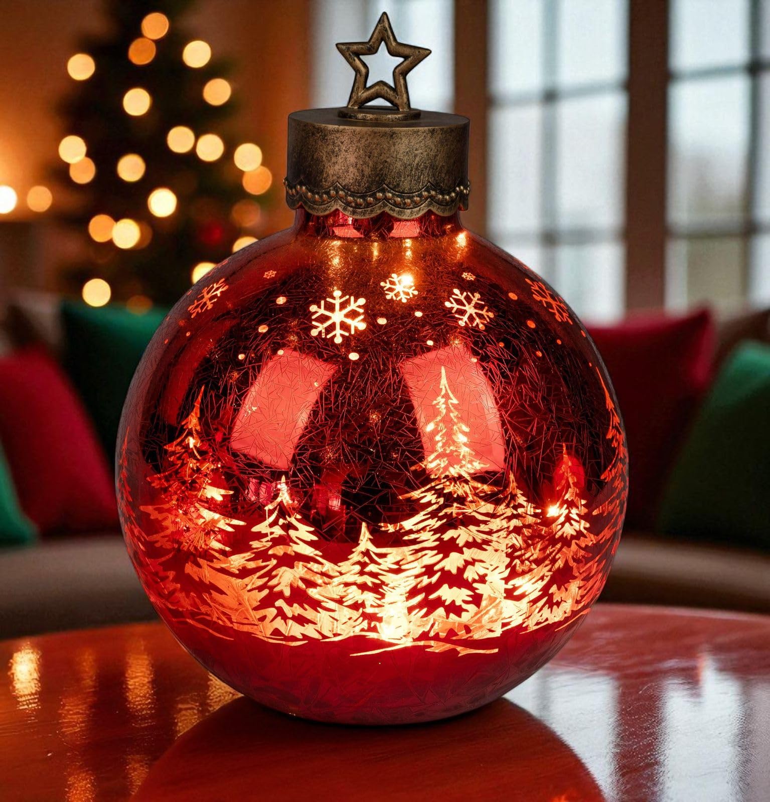 formano LED Deko-Kugel Frosty Rot 35 cm Farb-Glaskugel in Ice-Optik Timer 6h/18h beleuchtet - Batteriebetrieben - Herbst Winter Weihnachtsdeko für Tisch Regal Fensterbank