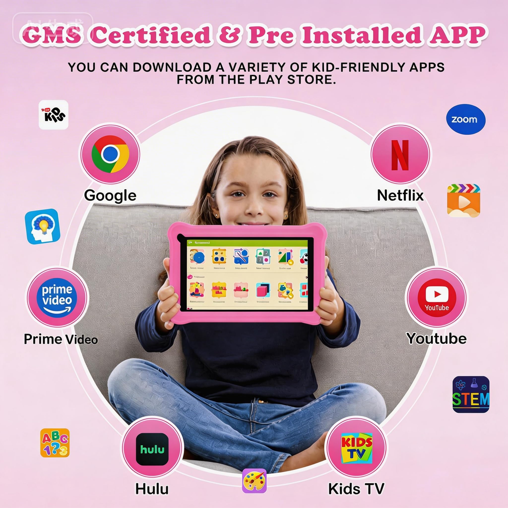Tablet bambini 7 pollici con Controllo Parentale, Android 13, Schermo IPS, 8GB RAM 64GB ROM(256 GB Espandibile), WiFi, App Pre-installed, Doppia fotocamera, Tablet Educativo con Custodia (Rosa)