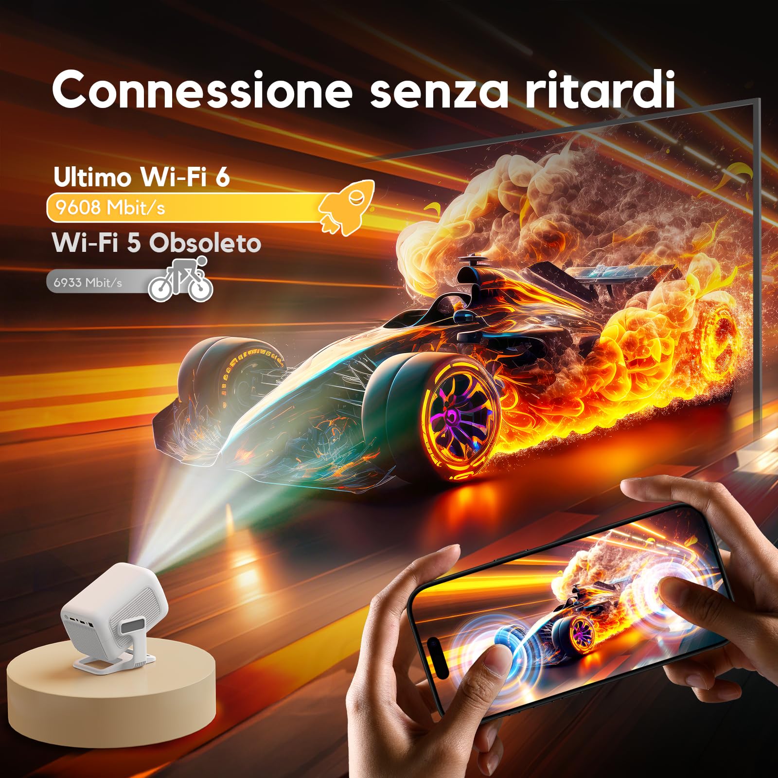 [Apps integrate & Auto Focus] AKIYO O4 Proiettore 4K con WiFi 6 Bluetooth 5.2, 1080P Nativo Proiettore Portatile Auto Keystone Rotabile 120°,per HDMI/USB/Smartphone