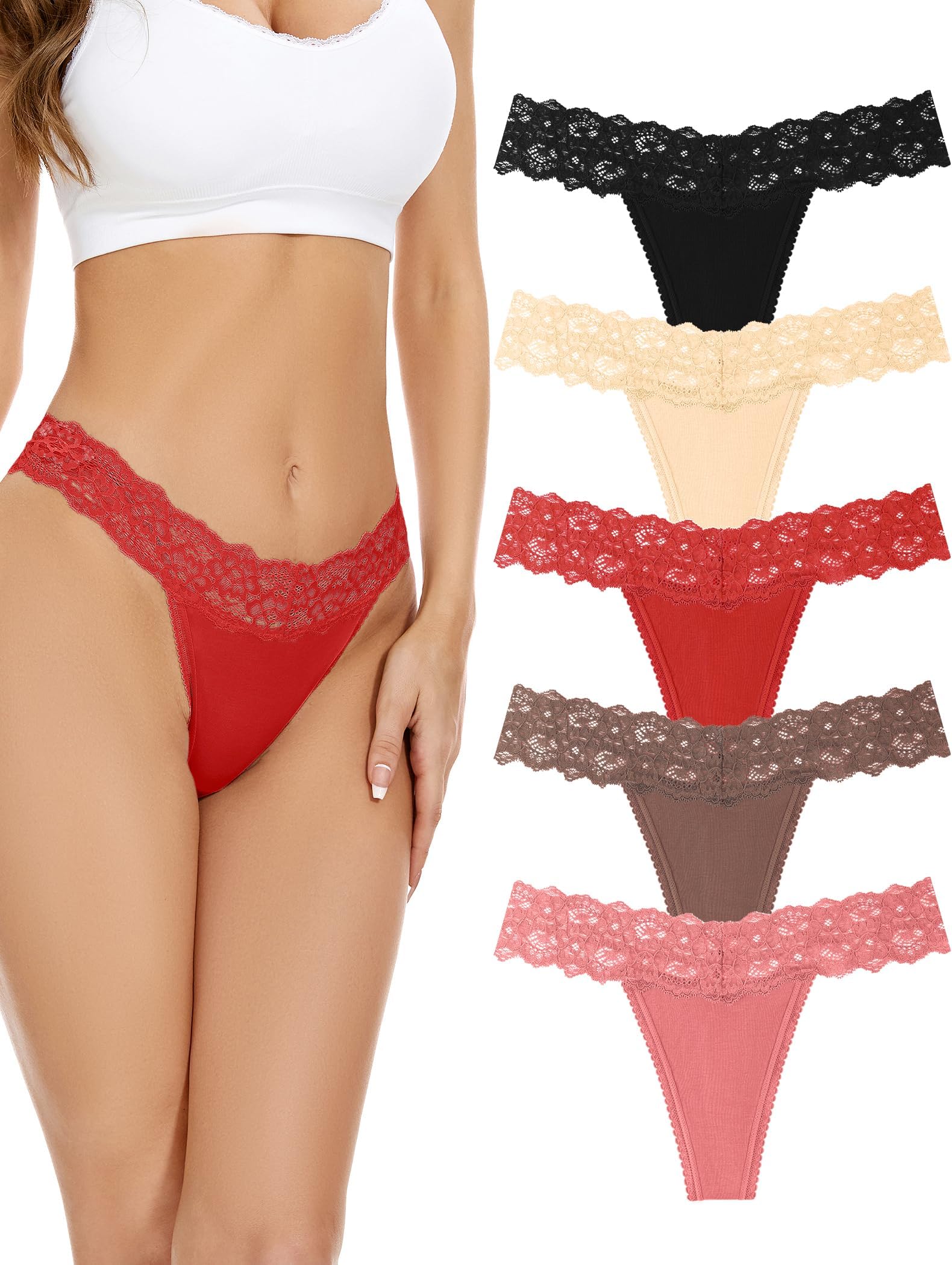 voenxe Seamless Women Thong,No Show Lace Underwear,Cotton-Like Soft Undies