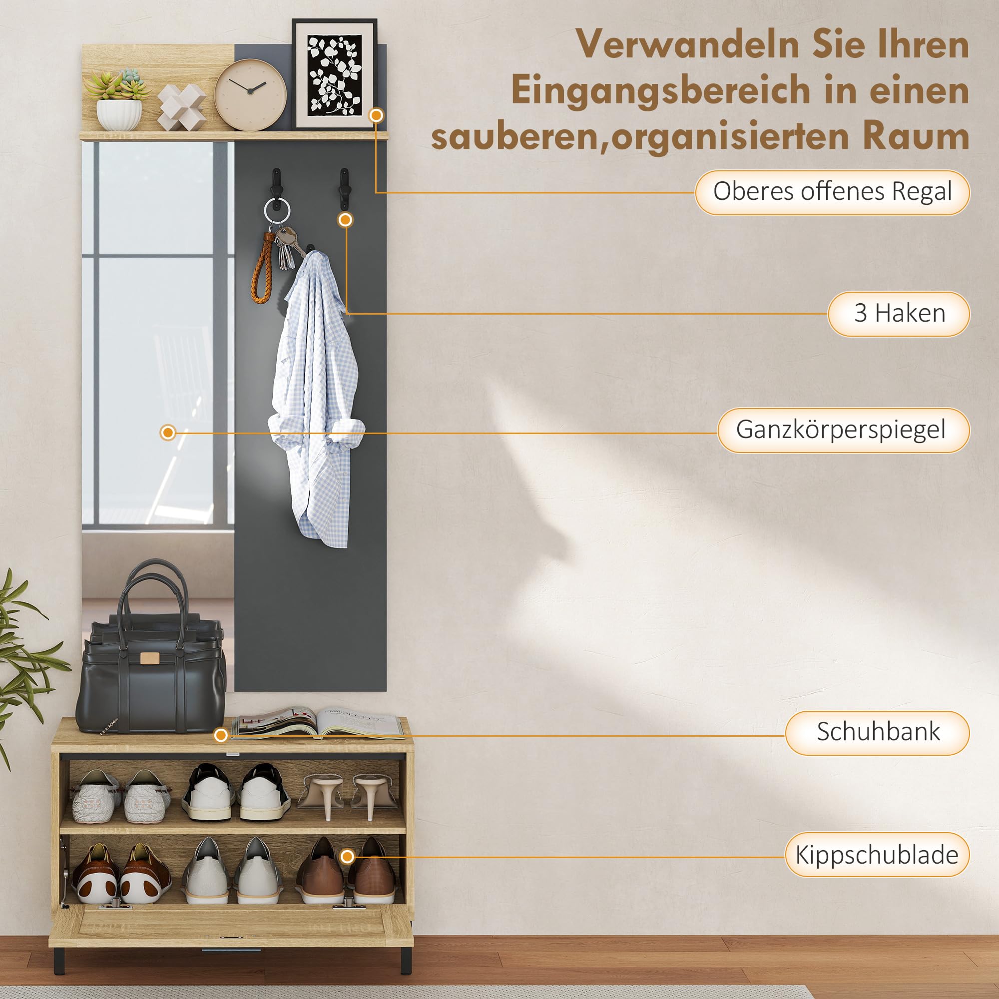 HOMCOM Garderobe Set, Garderobe mit Spiegel, Haken, Schuhbank, Ablage, Garderobenständer, Garderobenset, Flurgarderobe mit Klappschublade, für den Flur, 60 x 13,5 x 127,5 cm, Naturholz