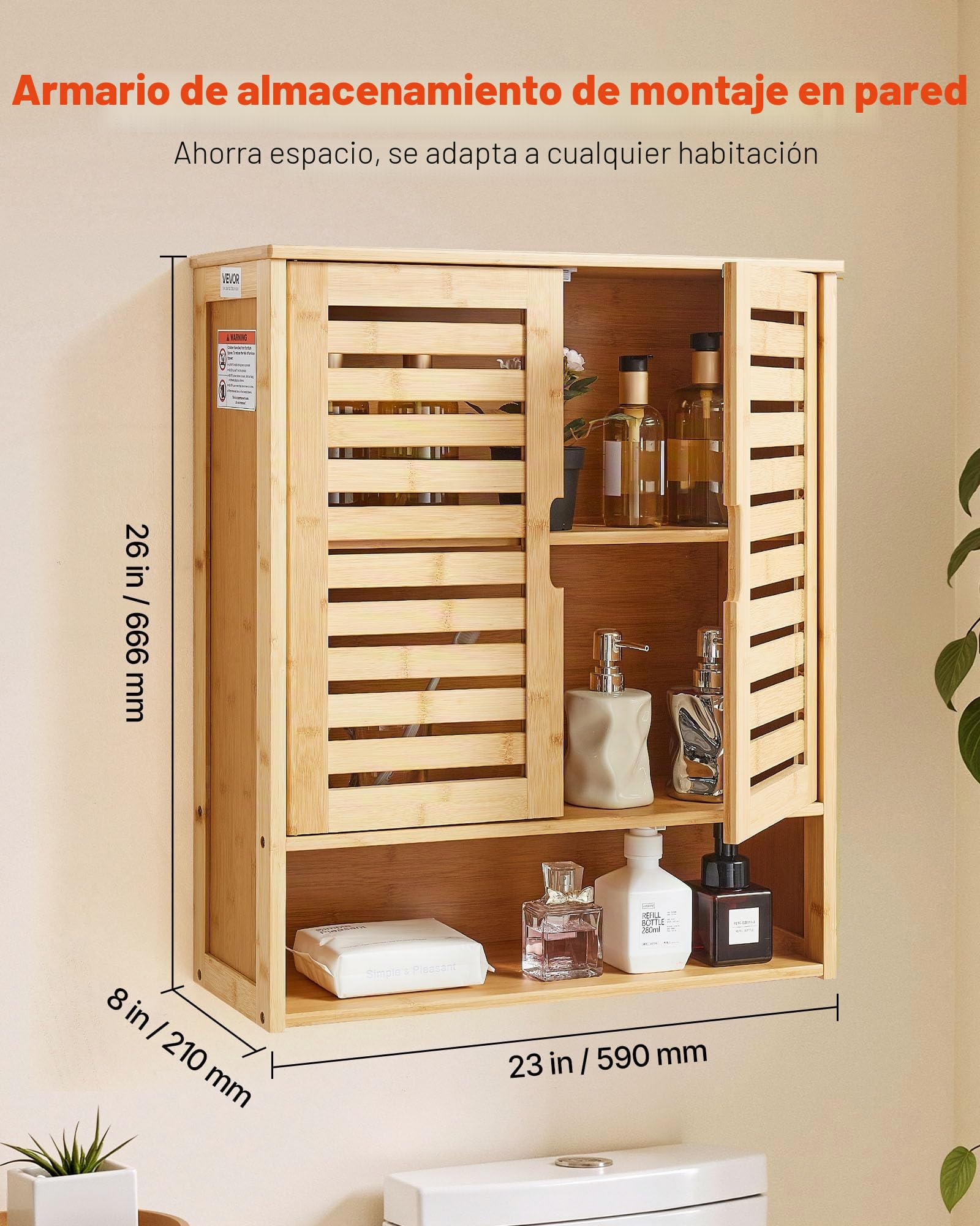 VEVOR Armario de Pared para Baño con 2 Puertas y Estantes Ajustables, Ideal para Colocar sobre el Inodoro, con Compartimento Abierto para Cocina y Baño, Fácil de Instalar, 590 x 210 x 666 mm