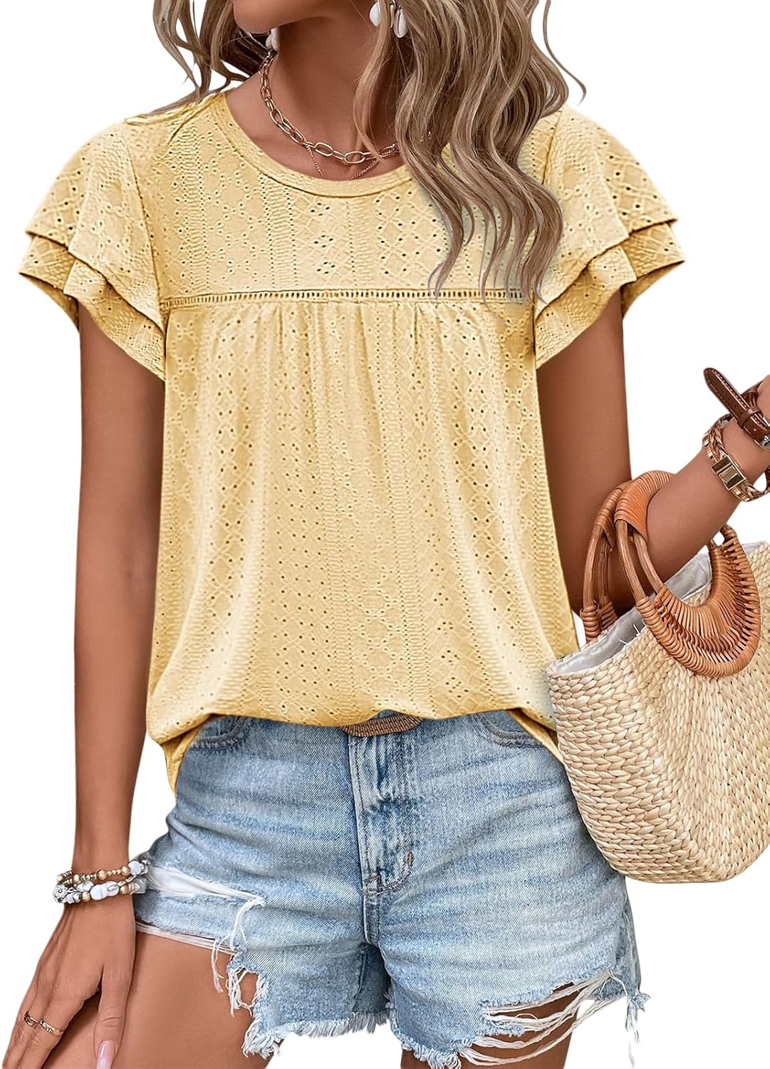 Zwurew Womens Summer Tops Crewneck Eyelet Ruffle Sleeve Blouses Casual Babydoll Shirts 2026 S-2XL