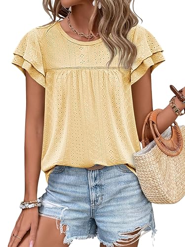 Zwurew Blouses for Women Ruffle Sleeve Trendy U Neck Hollow Eyelet Summer Tops Casual Loose Spring Shirts Yellow M