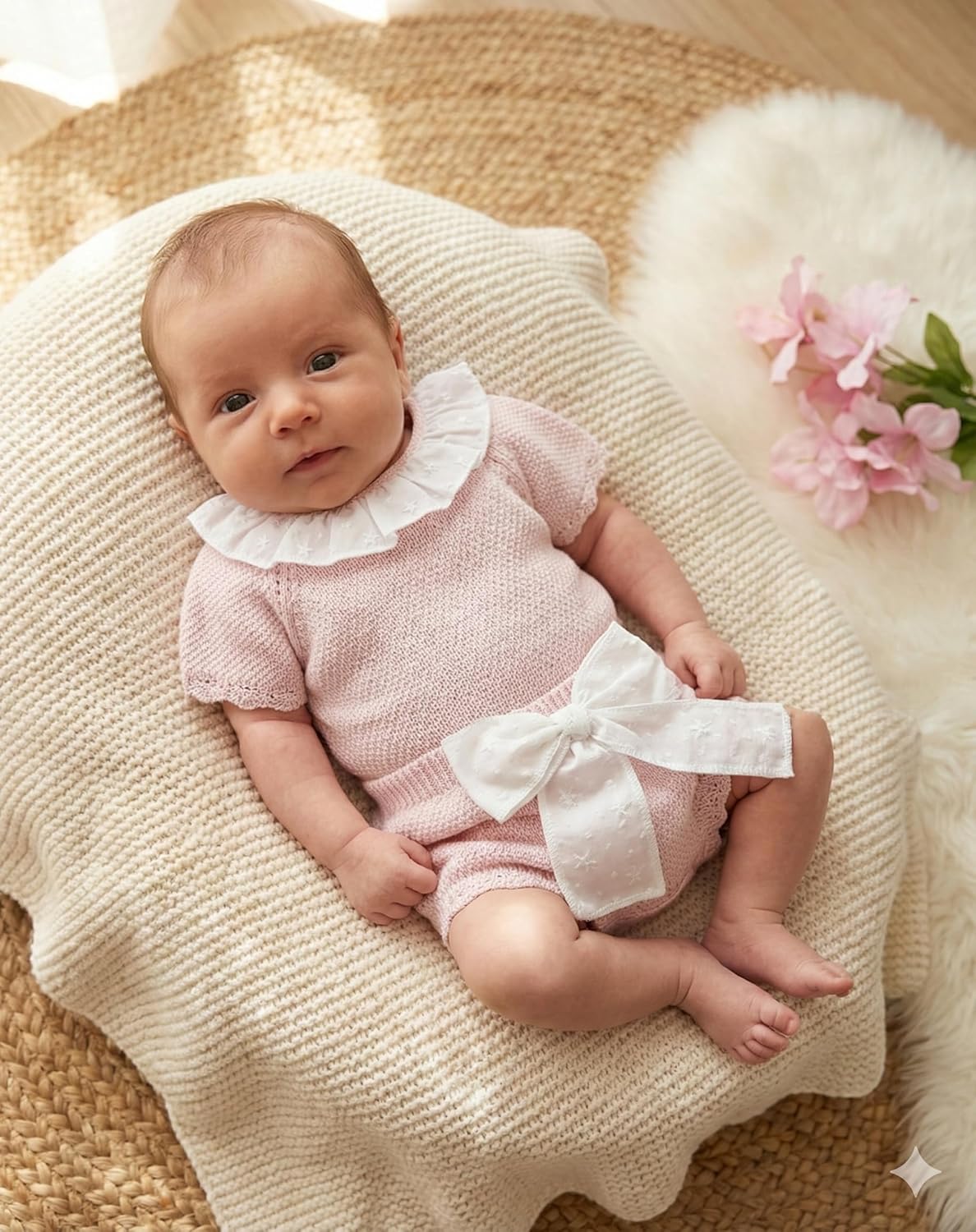 Baby Knit 2-Piece Set, Pink Short Sleeve Top with White Peter Pan Collar and Bloomers with Bow - Made in Spain