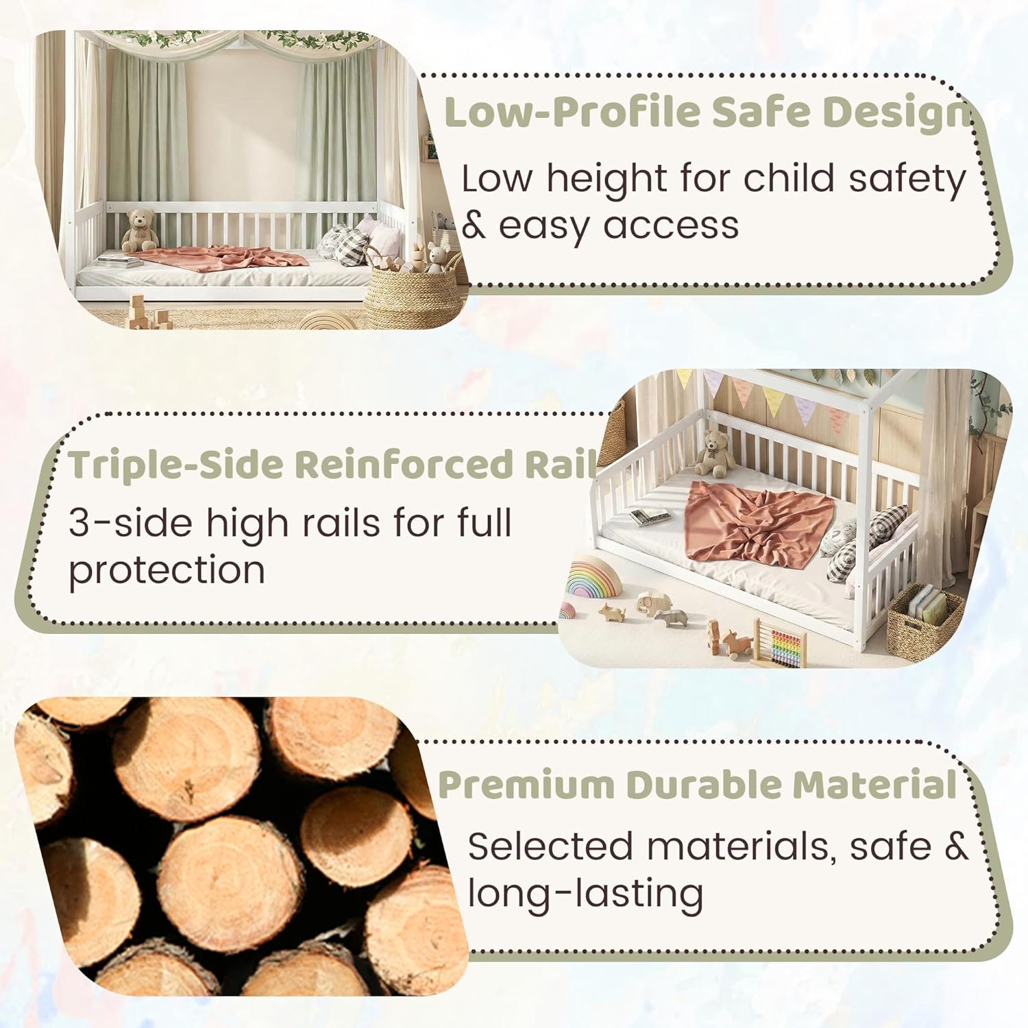 Canopy Bed Frame Full with 4 Posters and Guardrails, Rubber Wood Full Size Montessori Floor Bed with Canopy Frame, Safe and Stylish Canopy Bed Full for Kids Girls Boys,White