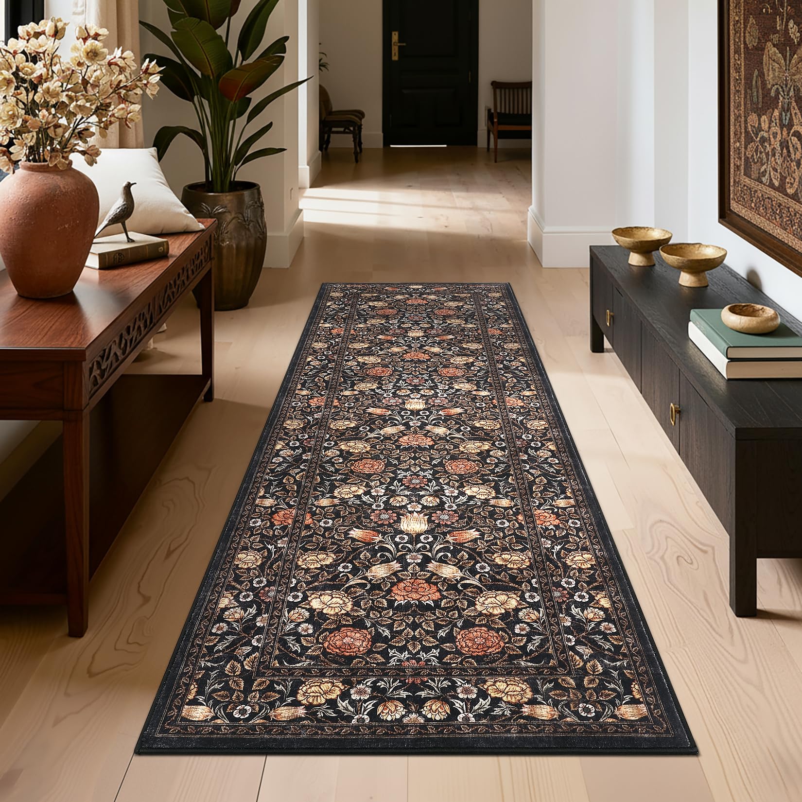 GarveeHome Brown Vintage Floral 2x6 Runner Rug Washable Kitchen Rugs Non Slip Black Boho Long Rug for Hallways Bedroom Entryway Bathroom Mat with