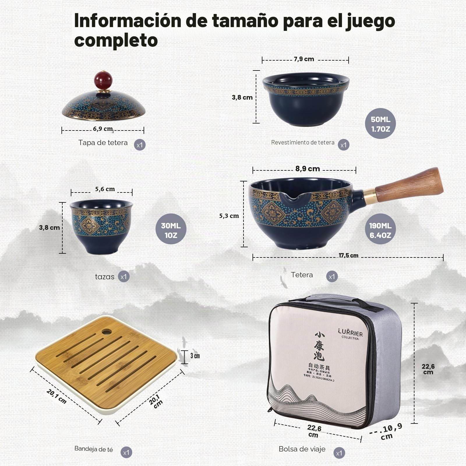 LURRIER Juego de té chino Gongfu de porcelana, juego de tetera portátil con máquina de té de rotación de 360 grados e infusor, bolsa de regalo portátil todo en uno para viajes, hogar, regalo, al aire
