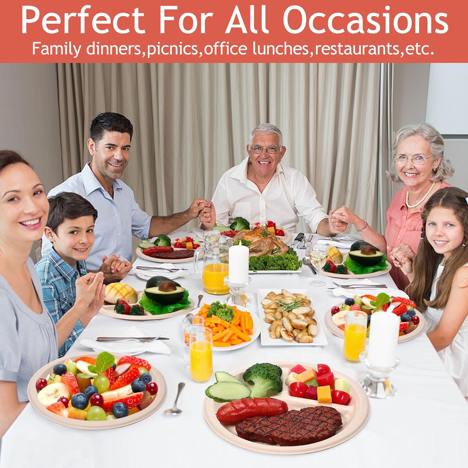 125 Pack 3 Compartment Paper Plates,Compostable Plates,Disposable Paper Plate,9 Inch Heavy Duty Biodegradable Plate for Daily Meals,Food Grade Sugar Cane Fiber