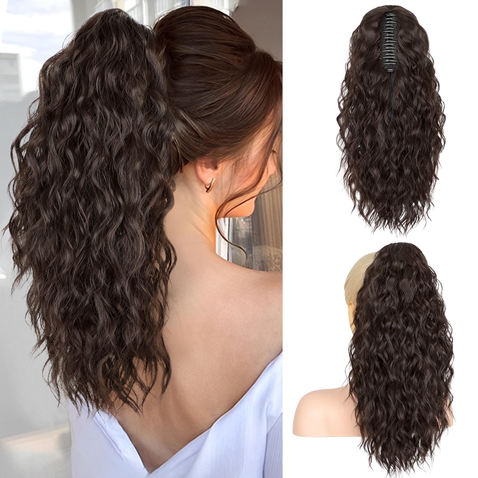 RONTAYA Extension Cheveux Naturel Clip - Postiche Cheveux Naturel Synthétique de, Multi couches duveux épais ondulé en fausses queues de poney cheveux Naturel Synthétique Brun foncé 46 cm