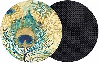 Vintage Watercolor Peacock Feathers Coasters Set of 2, Purple Blue Painting Silicone Coasters for Drinks Non-Slip Cup Mat for Home Kitchen Table Decor