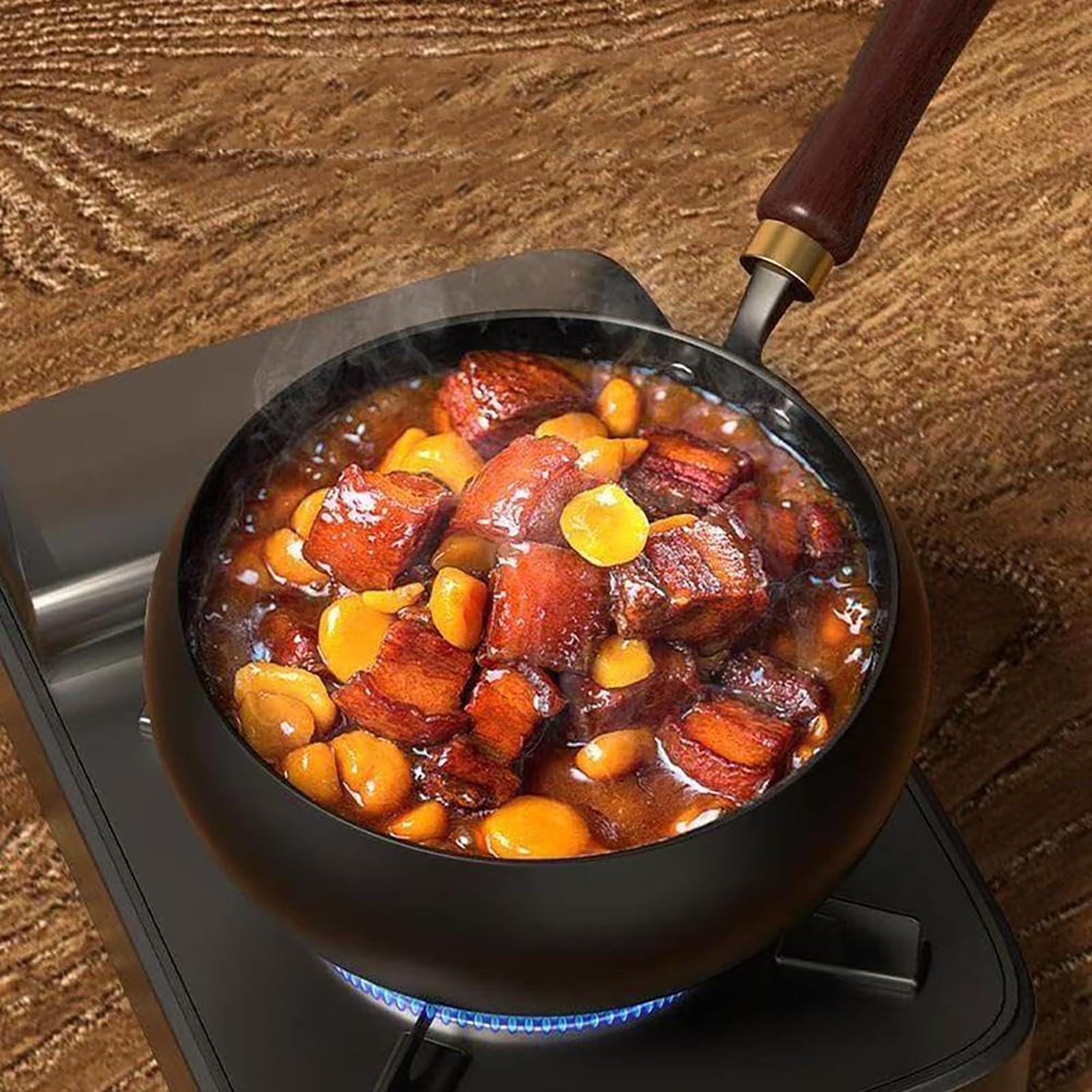 REGAPOG Poêle en Fonte Wok Chinois Grand Ventre - Poêles en Fonte et Poêle en Fer, Diamètre 28cm, Fabriquée Artisanale sans Revêtement, Poignée en Bois Naturel pour Cuisson Authentique