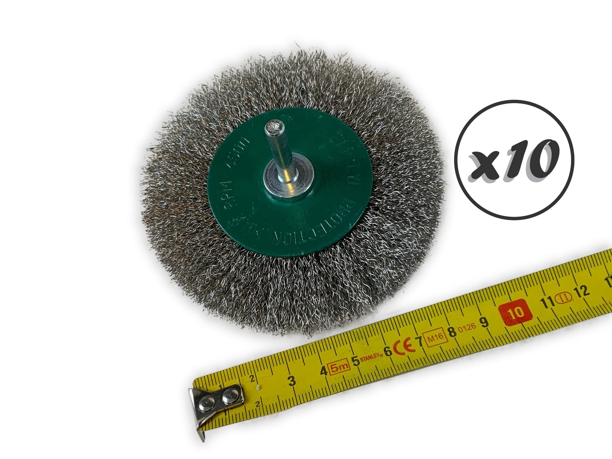 Zestaw 10 metalowych okrągłych szczotek obrotowych na pręcie Ø 100 mm | Drut ze stali nierdzewnej Ø 0,20 mm | Grubość 12 mm | 2 rzędy | Do wiertarki lub wkrętarki z uchwytem | Kibros 26100IV12x10