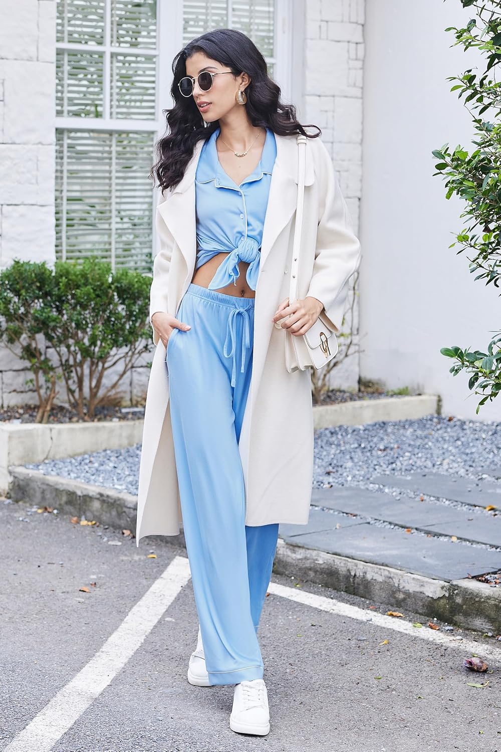 Ekouaer Pajama Sets Women Classic Long Sleeve Button Down Sleepwear Soft Pjs Lounge Sets - Image 5