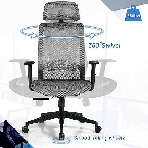 Miniatura 6 de Giantex Silla de oficina ergonómica, silla de escritorio de malla con reposacabezas ajustable, silla ejecutiva de respaldo alto, cómoda silla