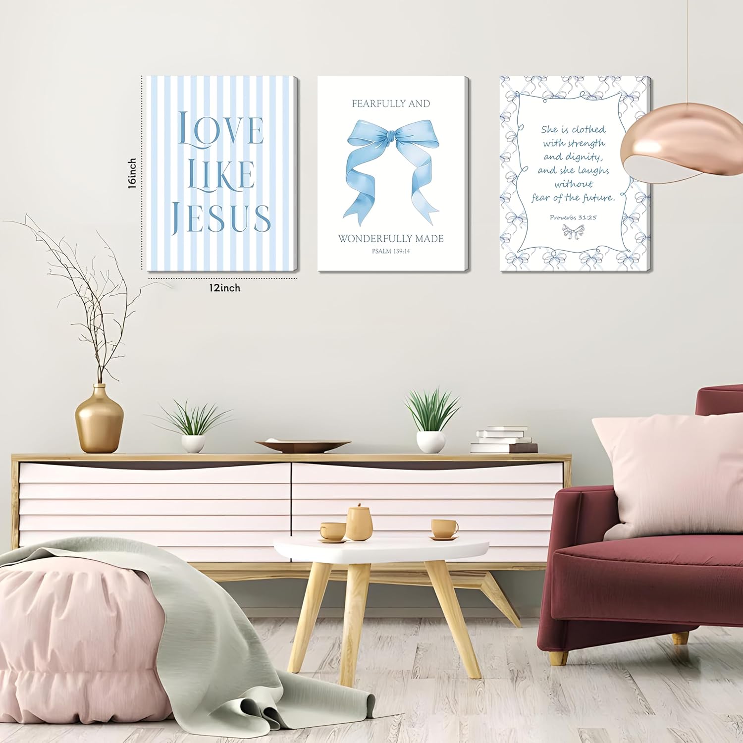 Blue Bow Jesus Wall Art Decor, Light Blue Coquette Dorm Room Wall Decor Paintings, Inspirational Bible Verses Canvas Posters Prints Pictures for Girls Dorm Room, Bedroom, Bathroom 12x16 Inch Framed - Image 3