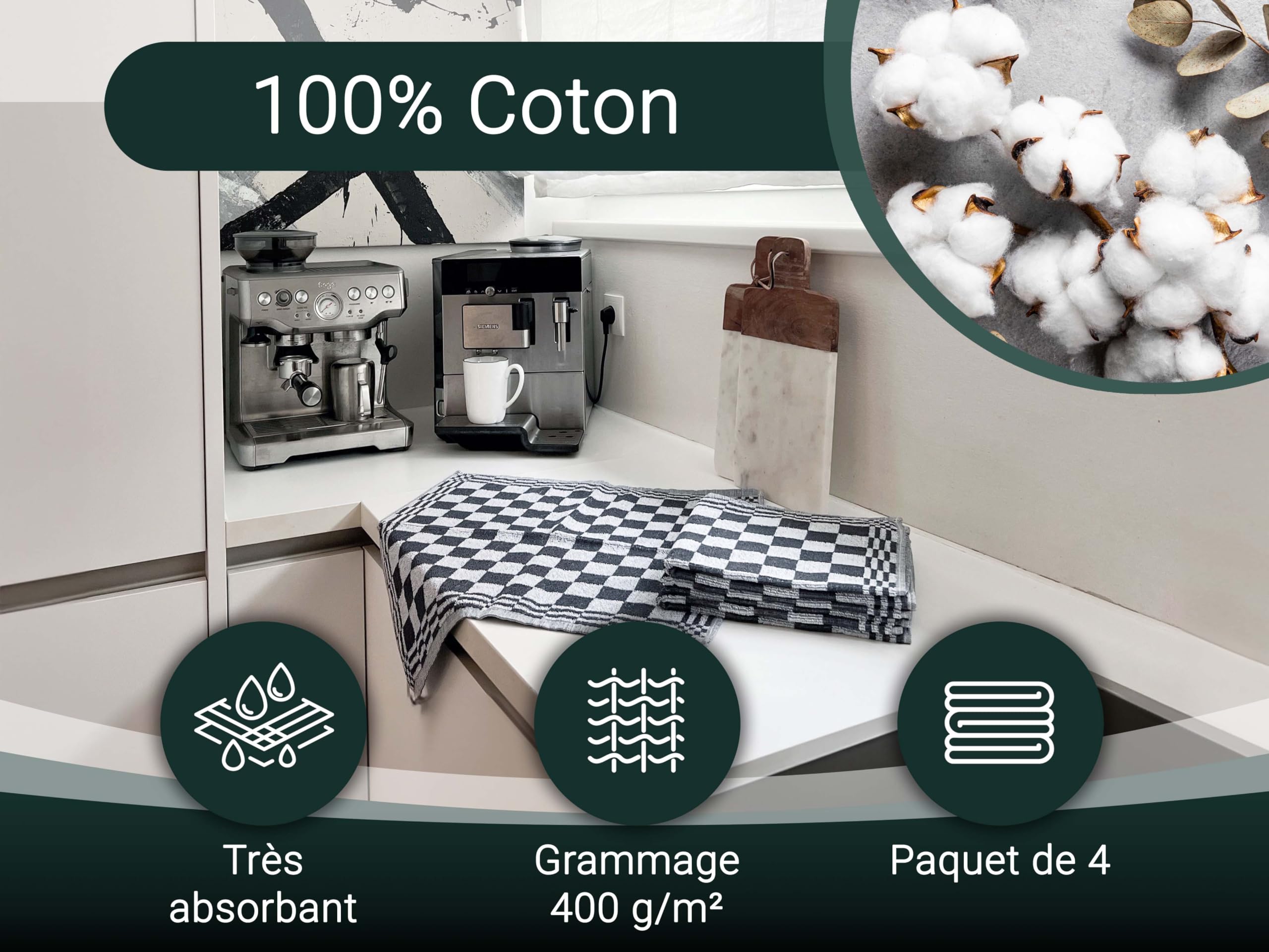 Set De 4 Essuie-Mains ZOLLNER - Coton Absorbant 50x50 Cm - Qualité Gastronomique - Lavable 60°C - Motif Carreaux Noir