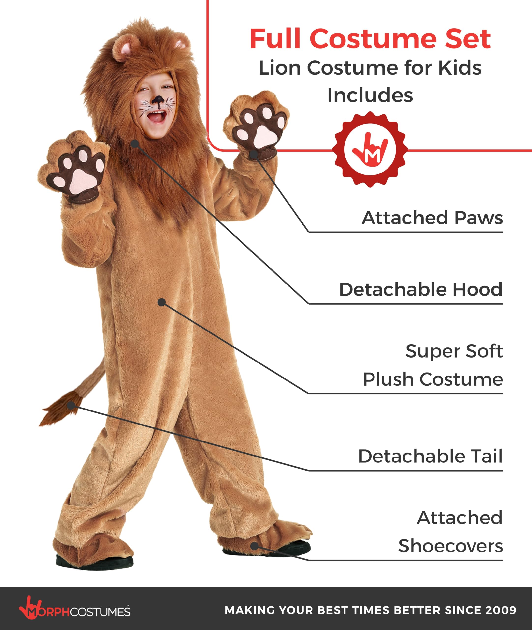 Morph Costume Leone Bambino, Costume Halloween Bambino | Tuta di Peluche, Cappuccio con Orecchie, Coda & Copriscarpe, Perfetto per Halloween, Ideale per il Gioco di Ruolo