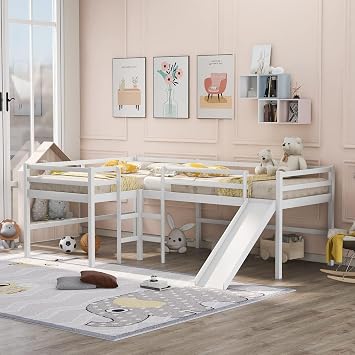 Twin Size L-Shaped Loft Bed, Solid Wood Bed Frame with Ladder and Slide, Bedroom Furniture for 2 Kids Teens, Space Saving, Solid Wood Slats Support, Sturdy Construction, No Box Spring Needed, White