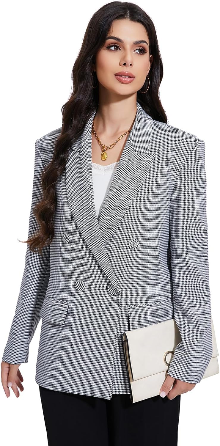 Women's Blazer Oversized Boyfriend Double Breasted Houndstooth Plaid Jacket - Lightweight Business Casual Blazers - Image 6