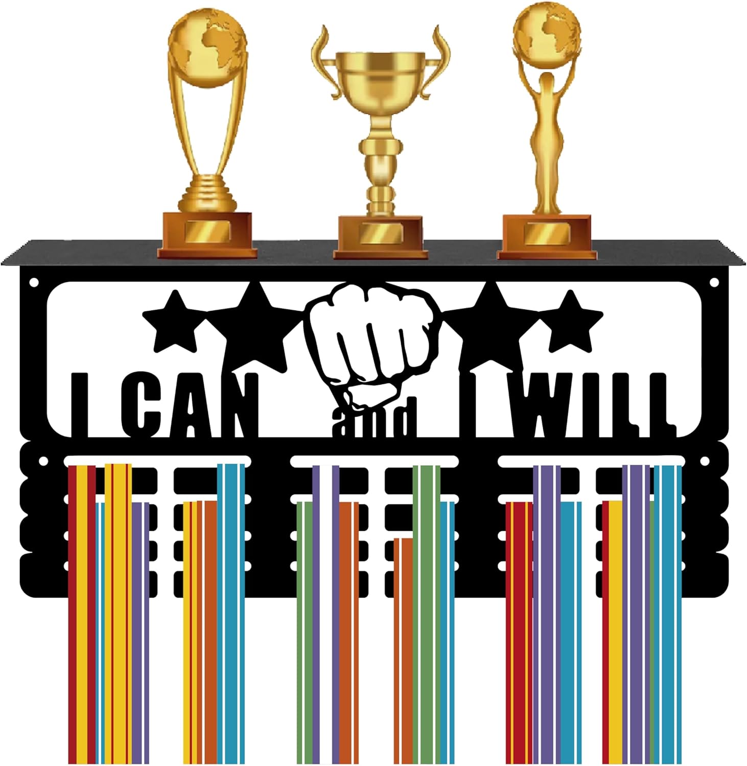 CREATCABIN Soccer Medal Display Hanger Trophy Shelf with 24 Hooks Trophy Hanger Metal Rack Wall Mount Medal Ribbon Display Holder for Gymnastics Running Basketball Football 40x20x10cm(Black)