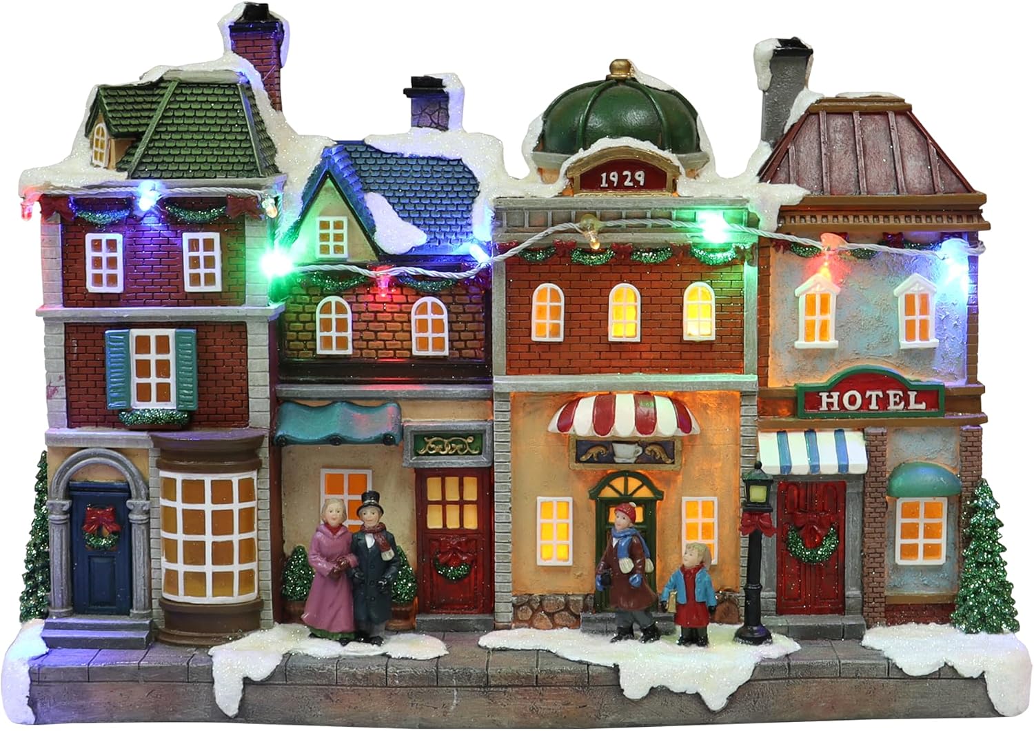 MOMENTS IN TIME Lighted Christmas Village Street Scene 1929 Townhouse LED Musical Holiday Village Building Battery Operated Polyresin Festive Decoration