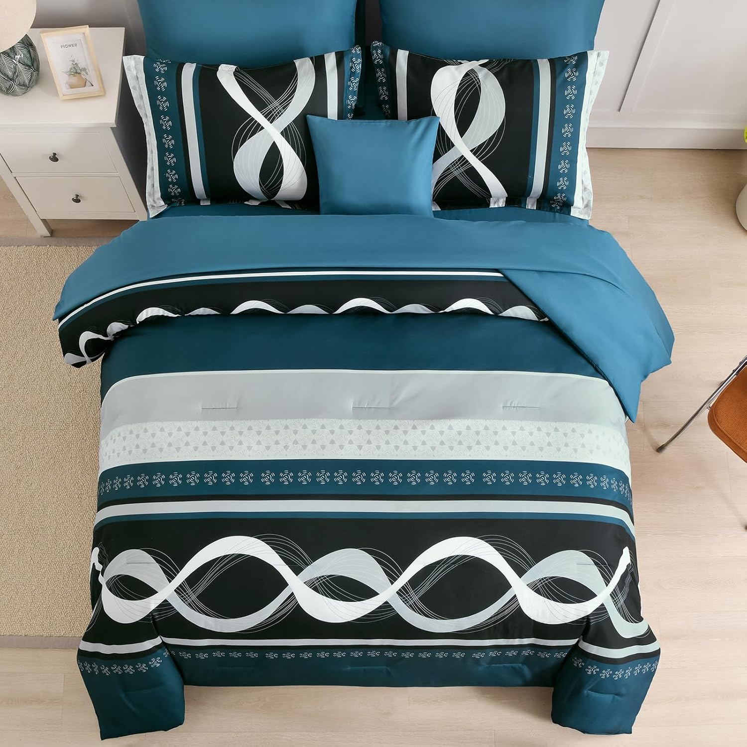 Anibedding Teal Comforter Set King Size, 8 Piece Patchwork Striped Comforter Set, Soft Microfiber Boho Bedding Set for All Season(104"×90") - Image 3