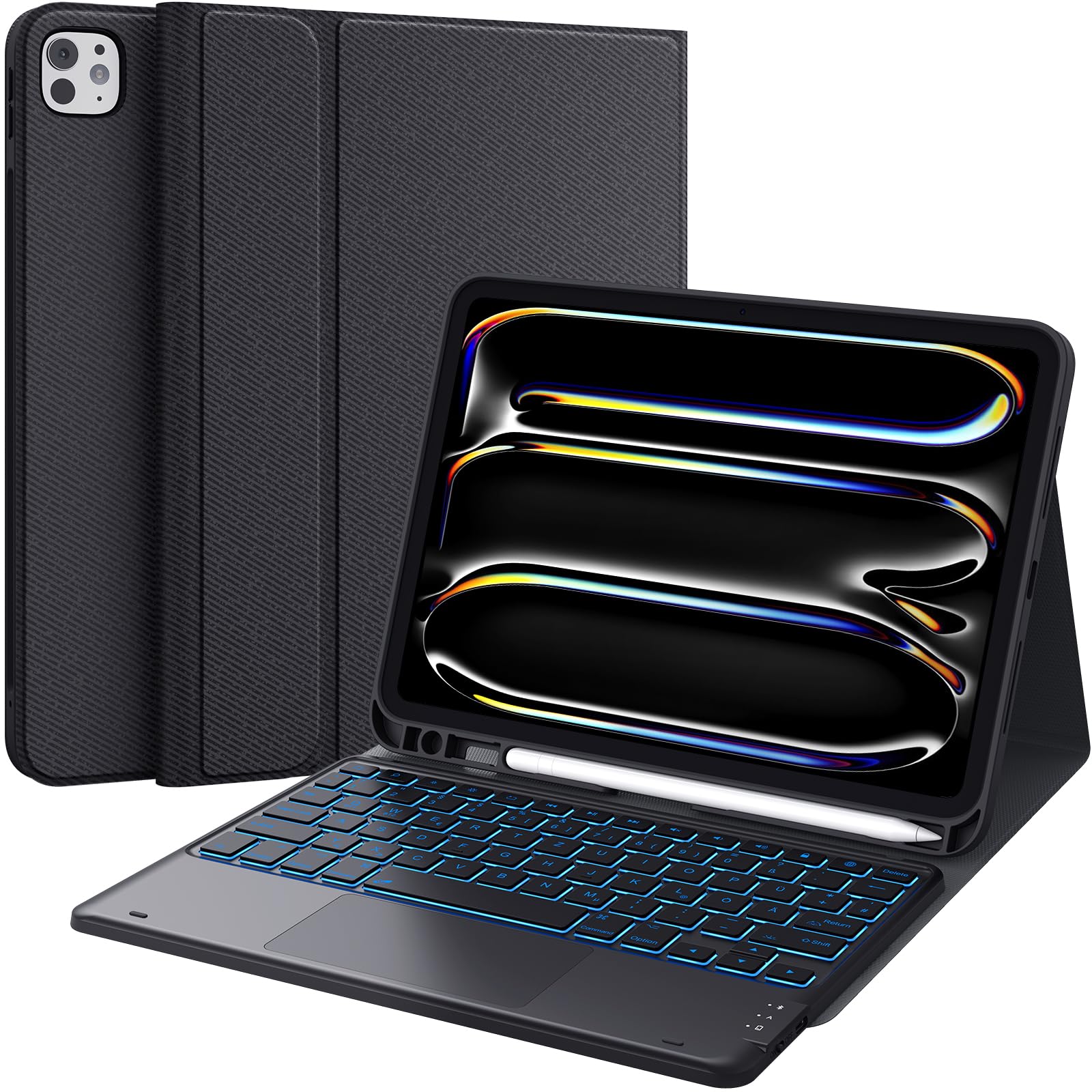 CHESONAiPad Keyboard Pro 11 2024(M4), 7 Colours Lighting, Multi Touch Trackpad, Flip Stand Case with Pencil Holder, 2 Bluetooth Channels for M4 iPad Pro 2024 11 Inch, Black
