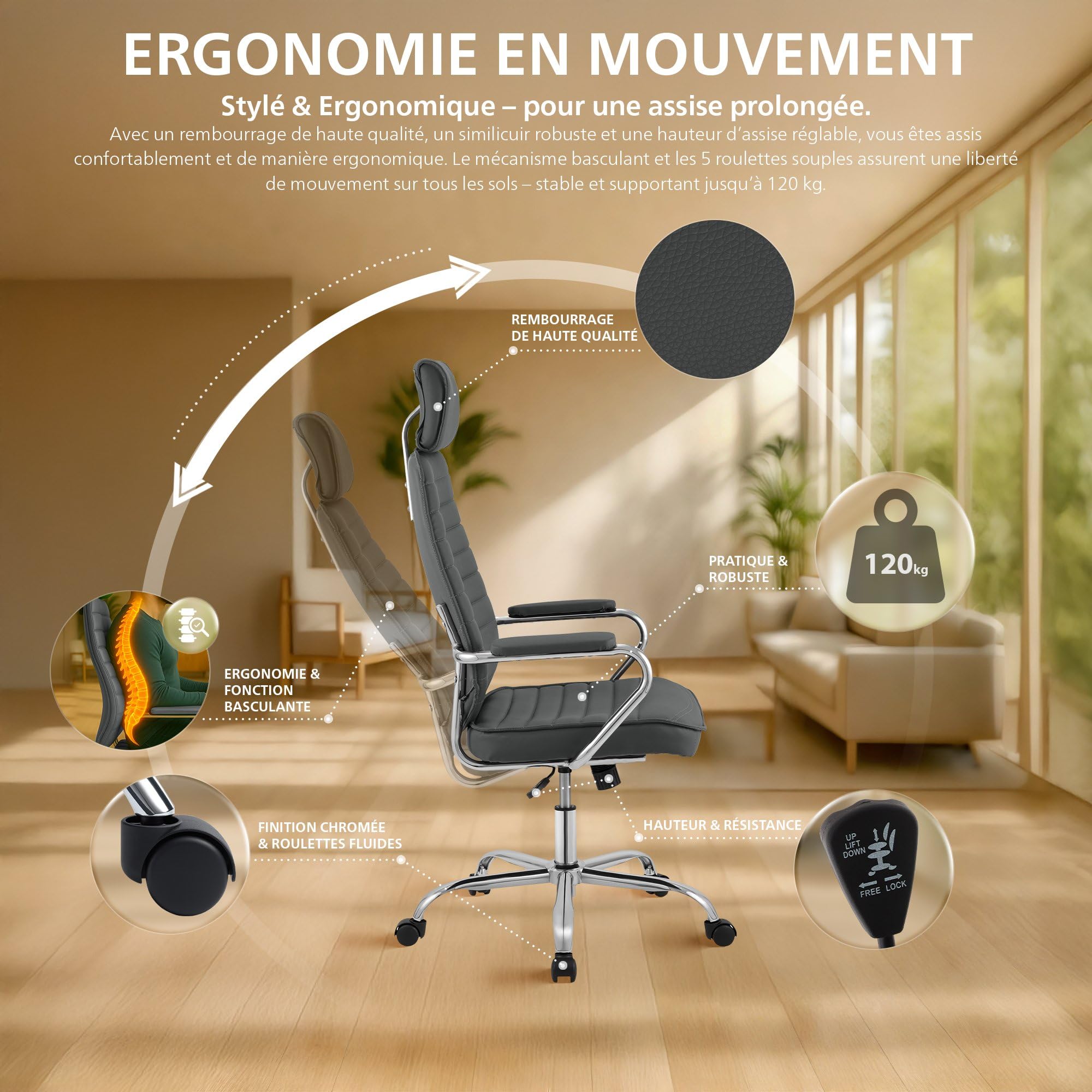 CLP Chaise de Bureau Ergonomique Rako, Réglable en Hauteur, Pivotante en Cuir Synthétique, Dossier avec Appui-tête, Accoudoirs Rembourrés, Couleur:Gris