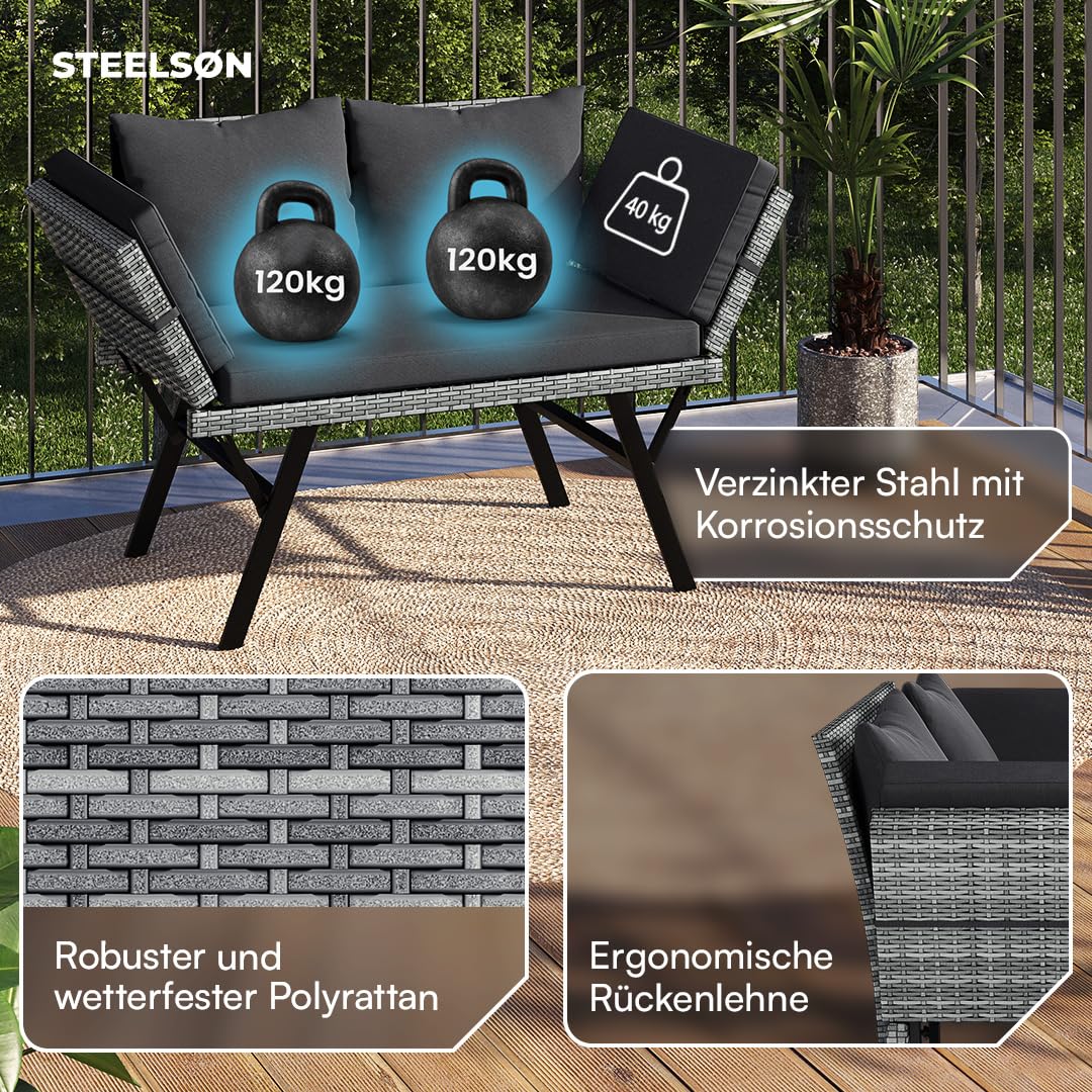 STEELSØN Elytra Gartenbank inkl. Auflagen & Kissen – klappbares Loungesofa grau – Rattan Sonnenliege wetterfest – Terrassen Sitzbank Liegefunktion bis 177 cm – Gartencouch mit verstellbaren Armlehnen