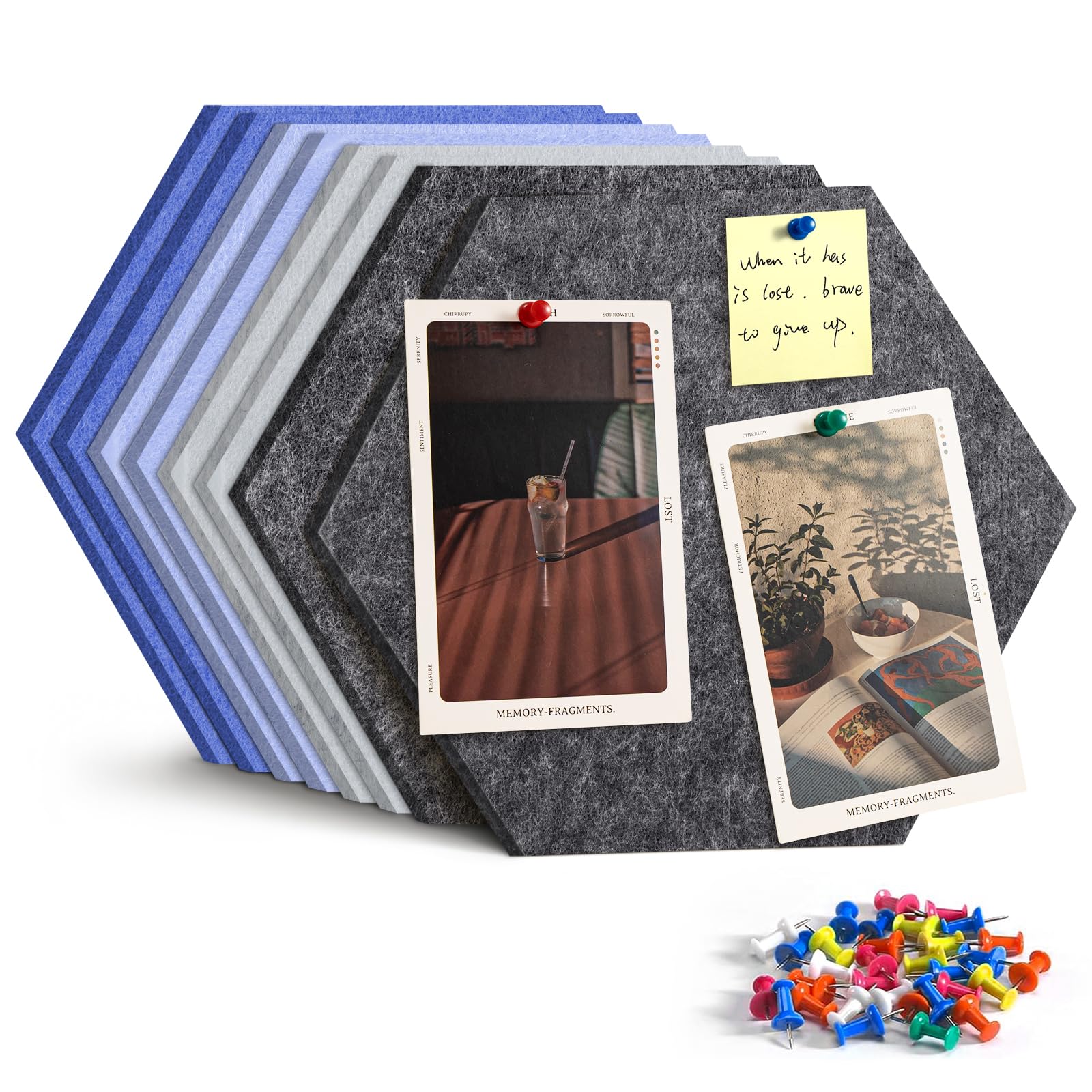Uoisaiko 12" Large Bulletin Board with 30 Push Pins, Pack of 8 Hexagon Felt Pin Board Notice Boards for Home Office Kitchen, Felt Wall Tiles for