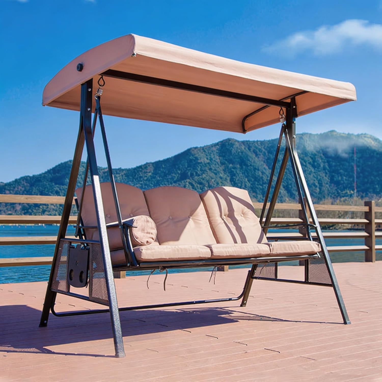 Outdoor Swing Canopy Replacement Top Cover, 2 & 3 Seater Hammock Cover Top, Waterproof Replacement Canopy Outdoor Furniture Cover, for Garden Yard Backyard(Khaki,158x118cm/62x46in)