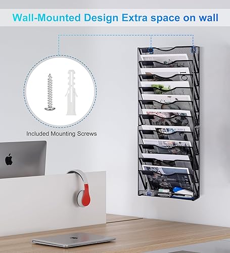 Miniatura 26 de Organizador de archivos de pared de 10 niveles, organizador de correo de madera, soporte para revistas, documentos de papel, cesta de almacenamiento