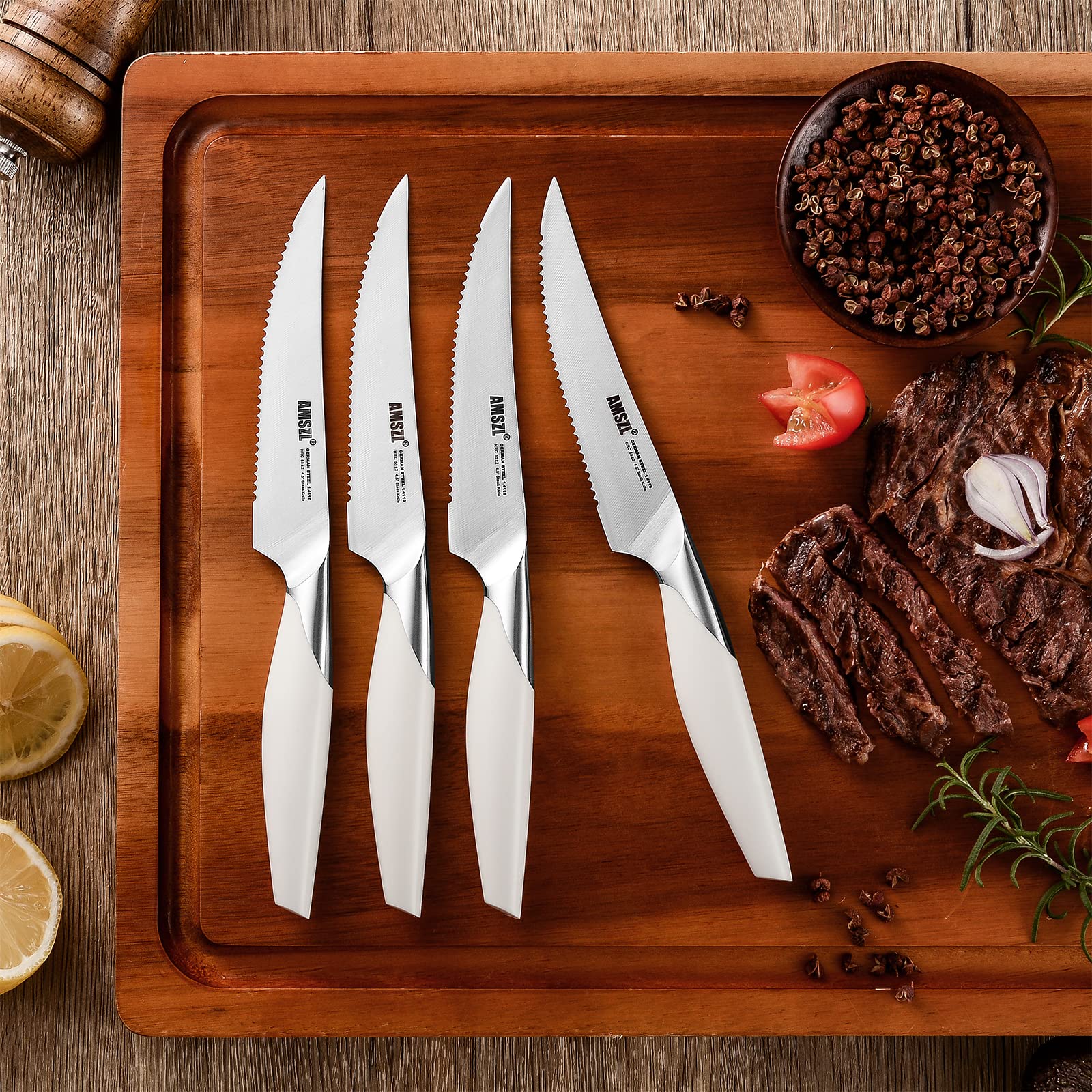 AMSZL Steak Knives Set of 4, Comfortable Dinner Knife with Sharp Serrated, German High Carbon Steel, Perfect cutting steak/Meat/Potato/Broccoli, Gift Box, Cream White