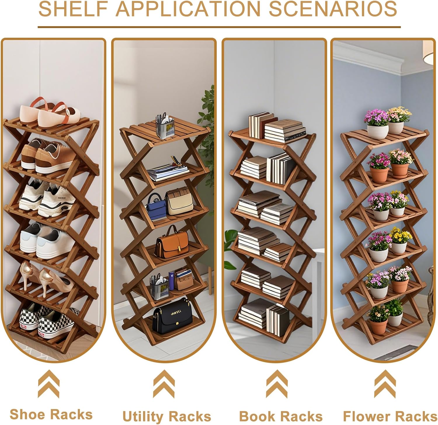 Comeon Bamboo Shoe Rack, Foldable Vertical Shoe Rack for Front Door Entrance Narrow Shoe Organizer Small Shoe Shelf for Entryway Shoe Storage Closet Multi-Tier (Brown Colors,7 Layers)