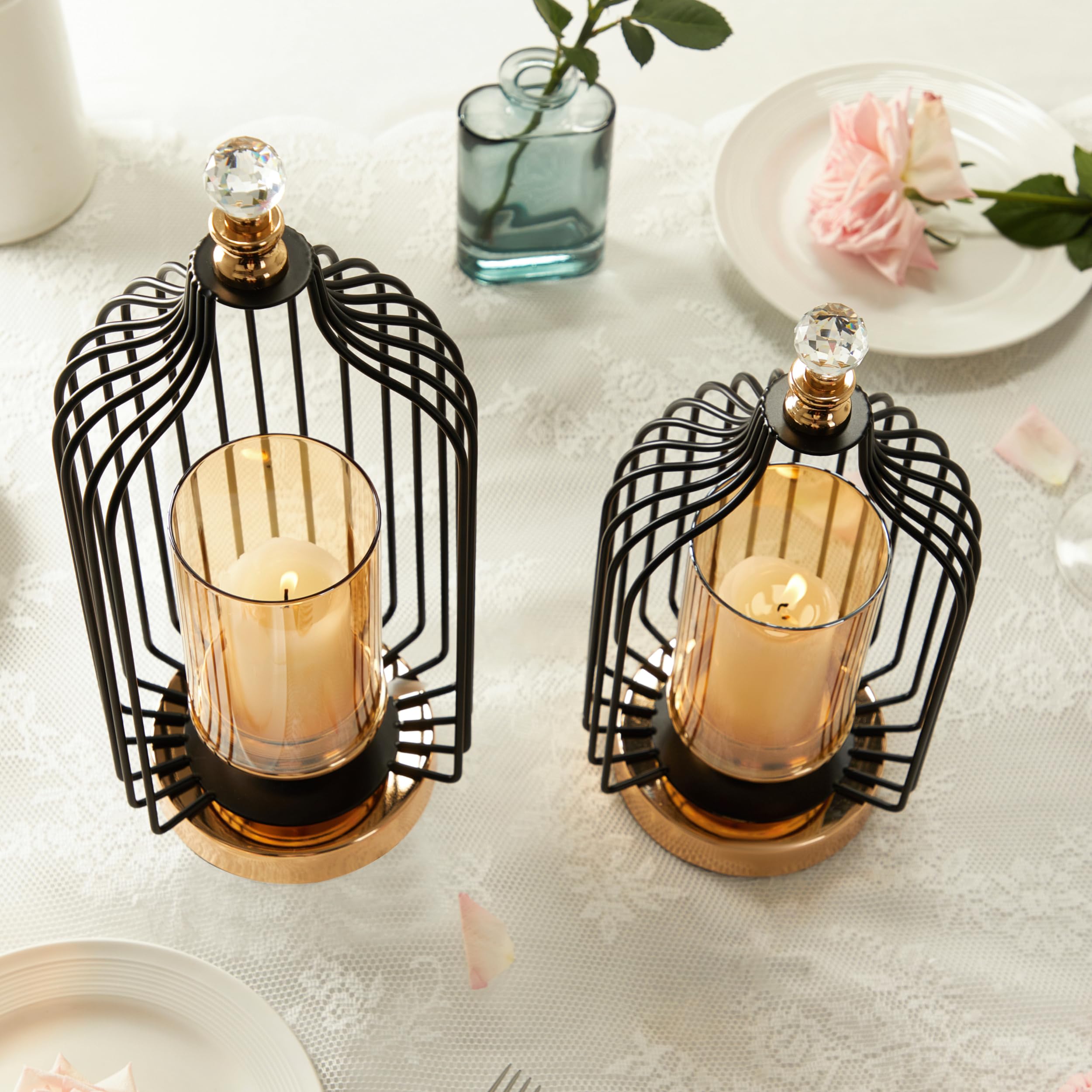 Lanterna decorativa – Portacandele Hurricane per candela pilastro, per interni ed esterni, alta e piccola, con paralume in vetro, set di 2, regalo per matrimoni, fattoria, decorazione centrotavola da