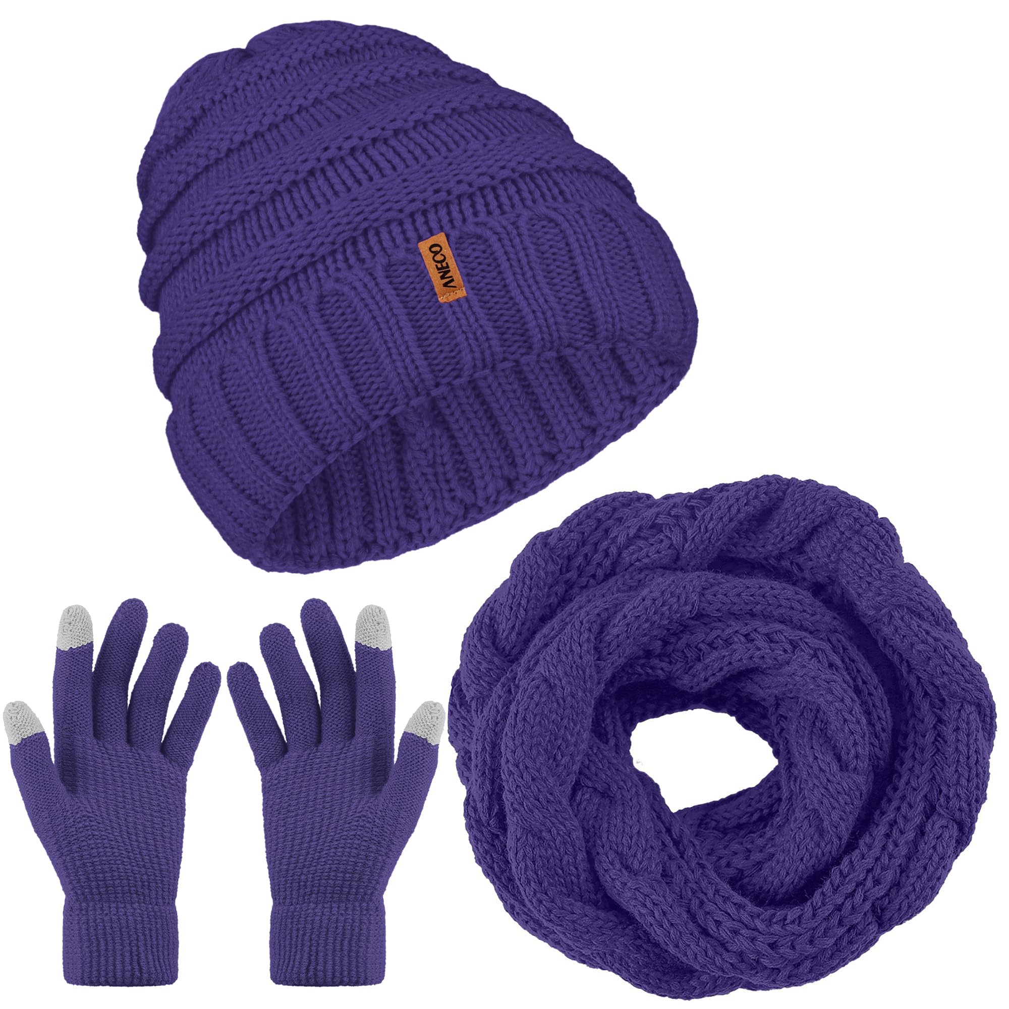 Winter Warm Knitted Scarf Beanie Hat and Gloves Set Men & Women's Soft Stretch Hat Scarf and Mitten Set-image-26