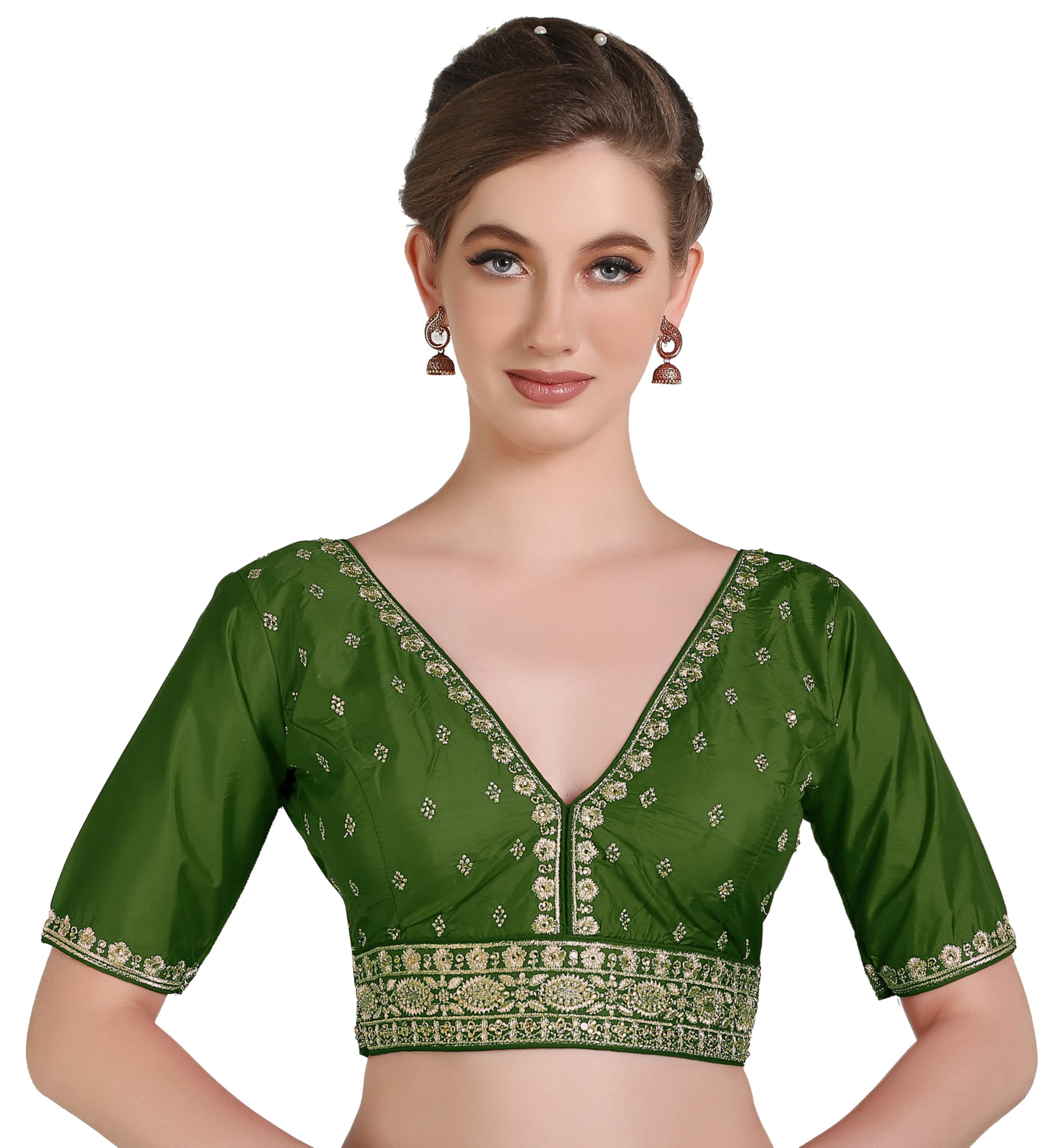 Pujia Mills Woman Readymade Ethnic Wear Deep V Neck Classic Butti Design Half Sleeve Mehendi Green Online Embroidery Zari Work Border Sadi Blouse